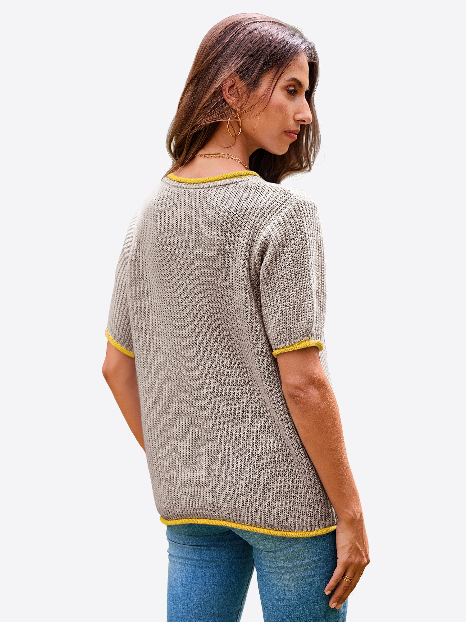 Imily Bela Kurzarmpullover Damen Kurzarm Strickpullover mit Puffärmeln Rundhals Sommer (Packung, 1-tlg., 1per-Pack) mit Kontrastborten gehäkelt