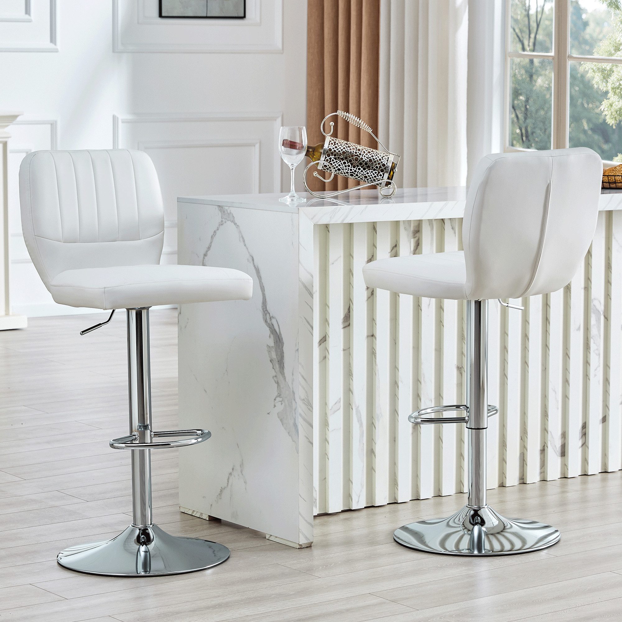 HAUSS SPOLE Barhocker höhenverstellbar,Küchenhocker mit silber Fußstütze & Rückenlehne,weiß (Höhenverstellbarer Bürostuhl Esszimmerstuhl mit 360° Drehfunktion und Metallgestell), Ergonomische Rückenlehne