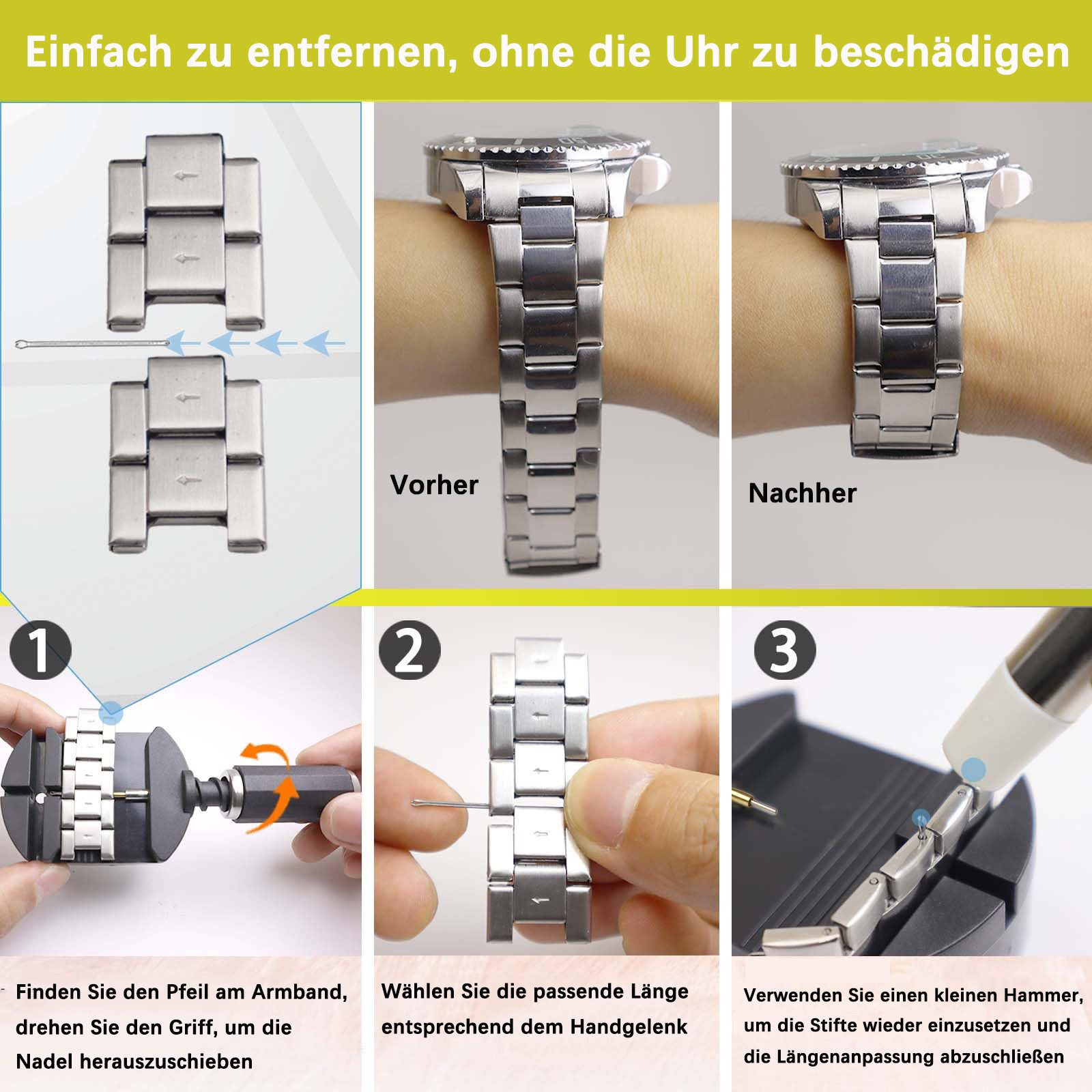 FOUORTUNATE-BEE Uhrenarmband Reparatur Werkzeug Set Werkzeug zum Einstellen von Uhrenarmbändern, Ersatz für Uhrenstifte, Uhrenhammer