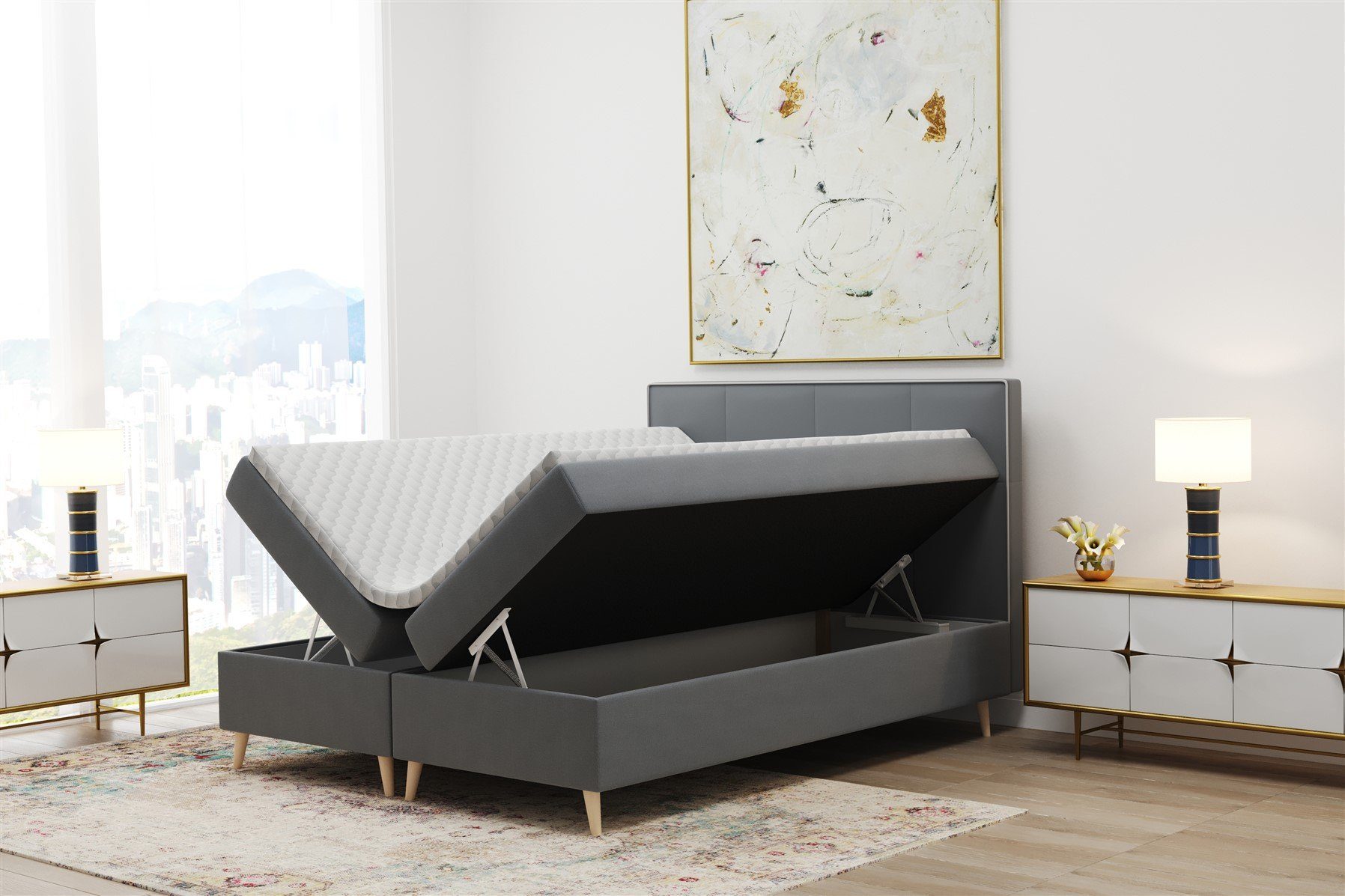 Fun Möbel Boxbett Schlafzimmerbett RENAN Überlänge (220cm) Stoff Riviera oder Kunstleder (inkl. Bettkasten, inkl. Kaltschaumtopper)