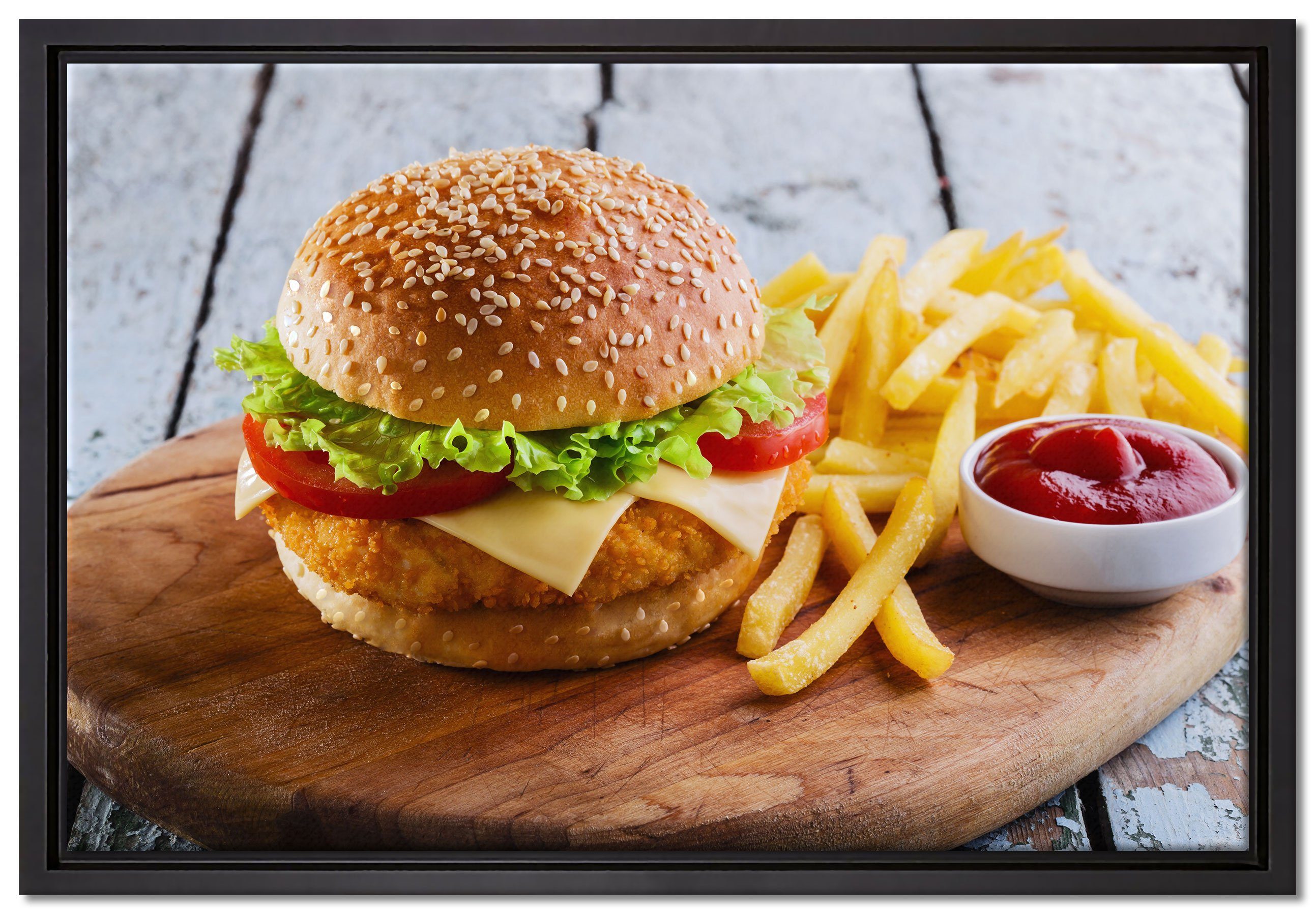 in Zackenaufhänger Pommes, Leinwandbild bespannt, Wanddekoration einem Schattenfugen-Bilderrahmen fertig Chickenburger gefasst, (1 inkl. Pixxprint St), Leinwandbild