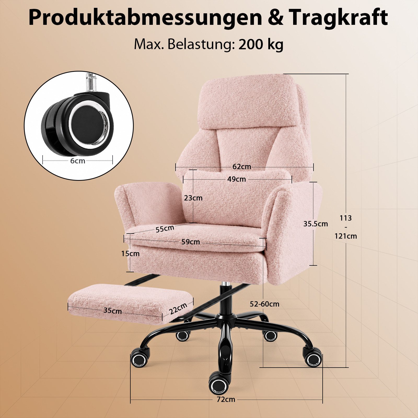 Hoolamyie Drehstuhl Ergonomischer Chefsessel aus Teddy-Stoff mit Fußstütze, bis 200 kg, Teddy-Stoff-Bezug, Federkernpolsterung, leise Rollen