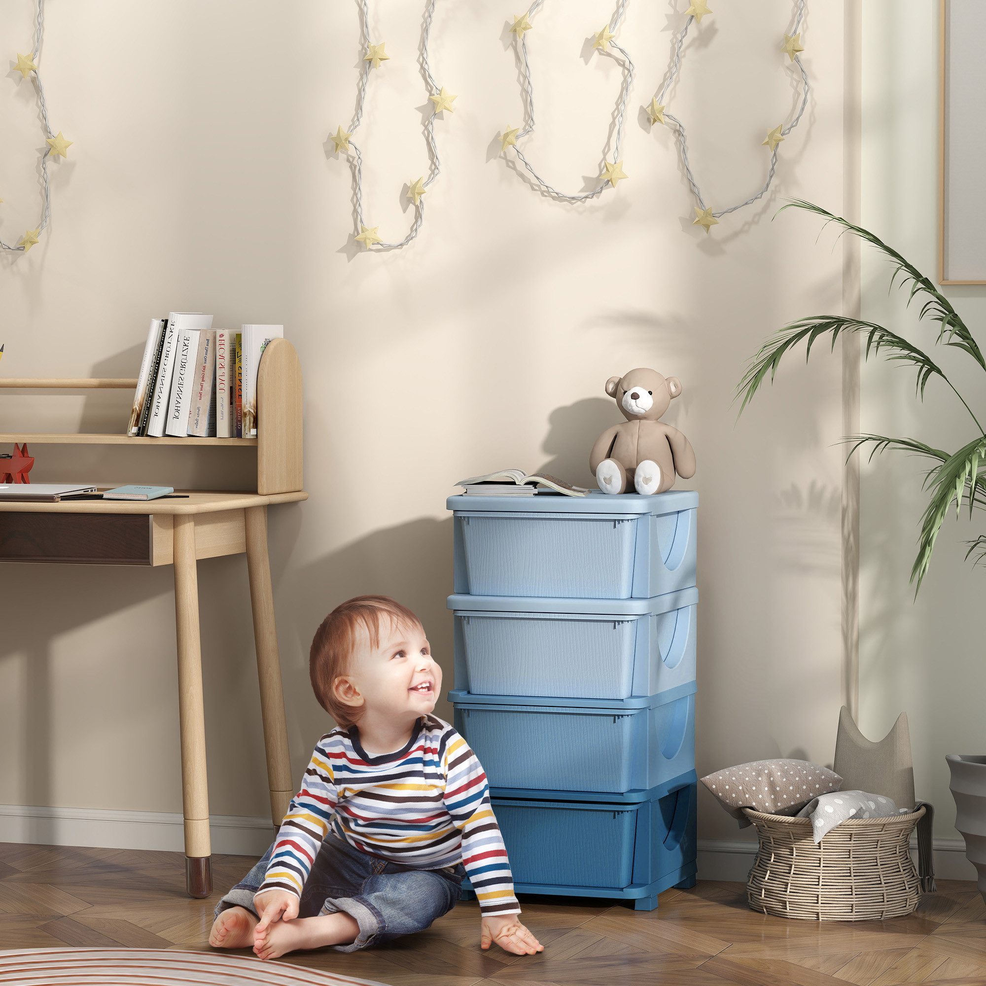 HOMCOM Spielzeugtruhe Schubladenschrank mit Stauraum, Spielzeugkiste, drei Ebenen (Spielzeugkiste, 1 St., Spielzeug-Organizer), für Kinderzimmer 3-6 Jahre Kindermöbel Blau 37 x 37 x 76 cm