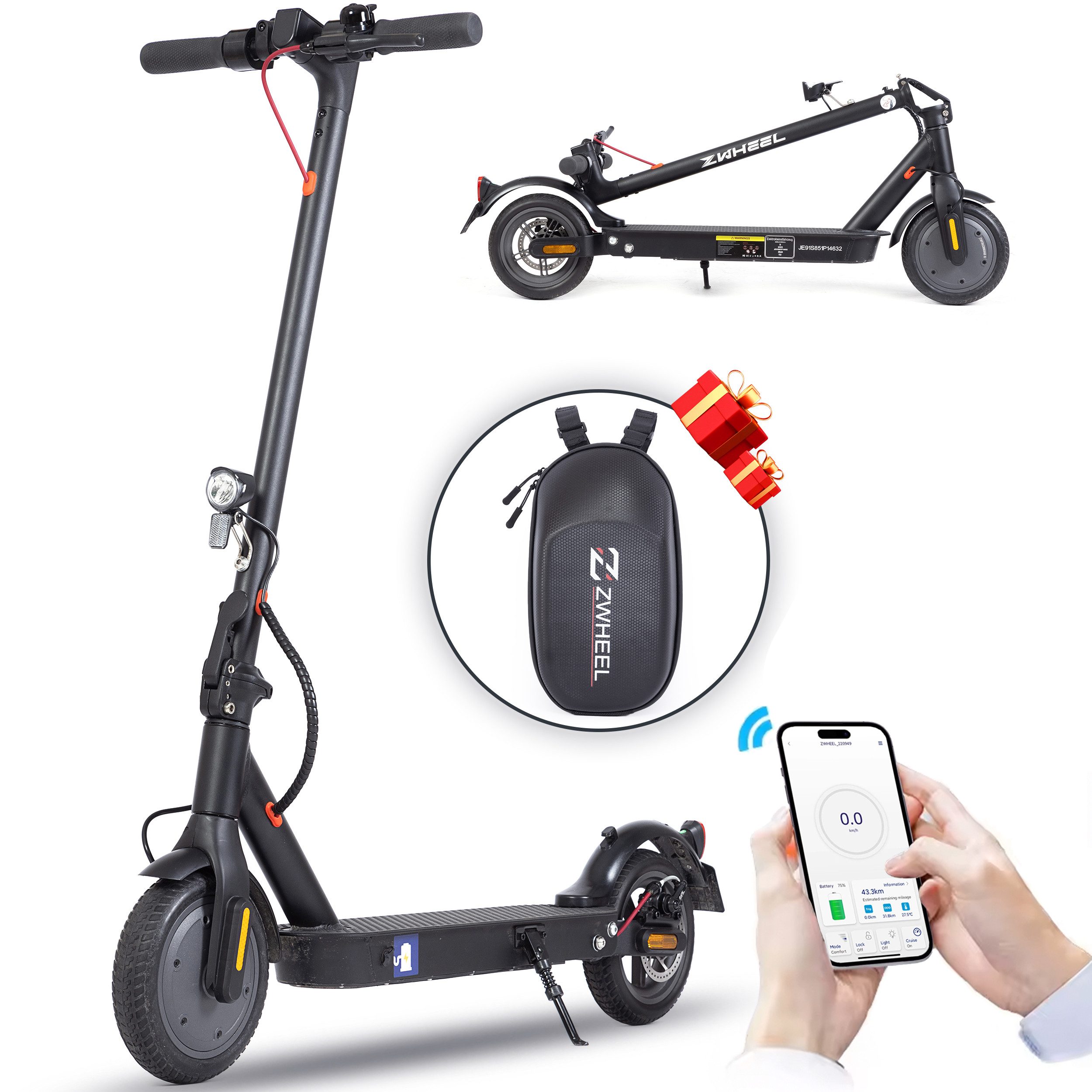 ZWHEEL E-Scooter 8,5 Zoll klappbarer E-roller mit ABE, max. 35km, E-ABS+Scheibenbremse, 350,00 W, 20 km/h, (mit App, mit Straßenzulassung, Tasche geschenkt), LED-Display, klappbar, 2 Stoßdämpfer, 120 kg Traglast, ab 14Jahre
