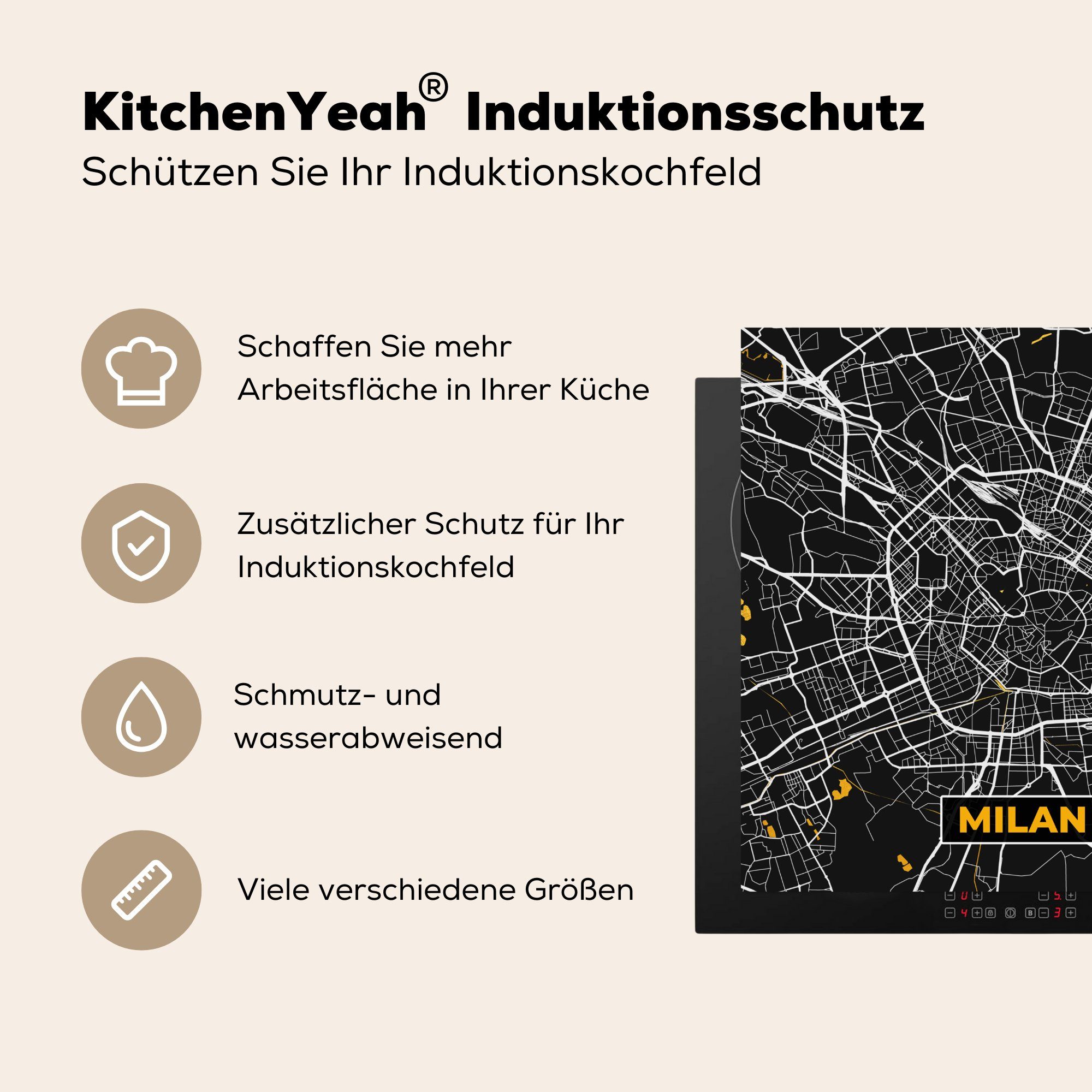 (1 Arbeitsplatte Herdblende-/Abdeckplatte Stadtplan - Vinyl, 78x78 Gold küche tlg), - für - MuchoWow Karte, cm, Ceranfeldabdeckung, Mailand