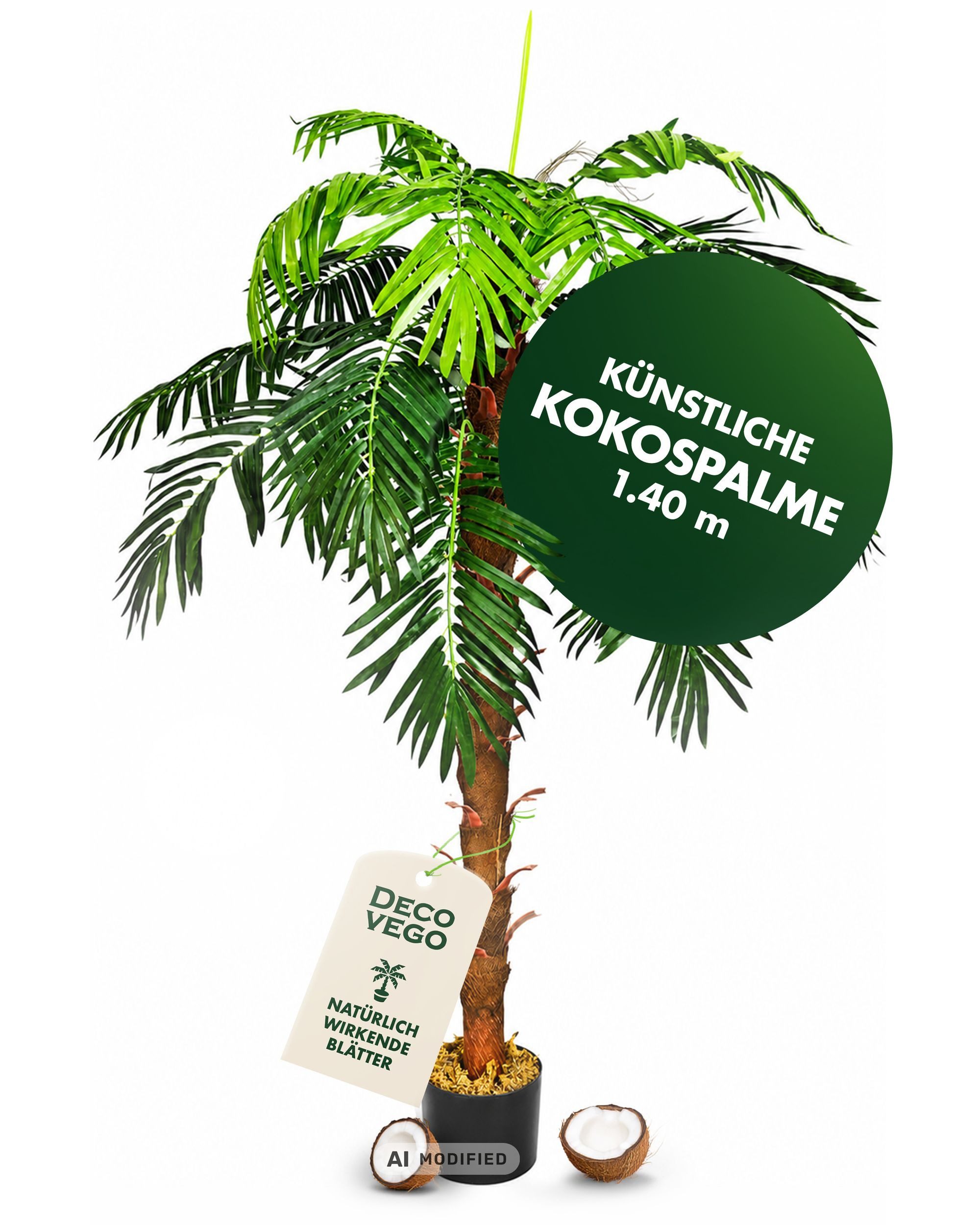 Kunstpalme Palmenbaum Königs Kokos Palme Kunstpflanze Künstliche Pflanze 140 cm Kokospalme, Decovego, Höhe 140 cm