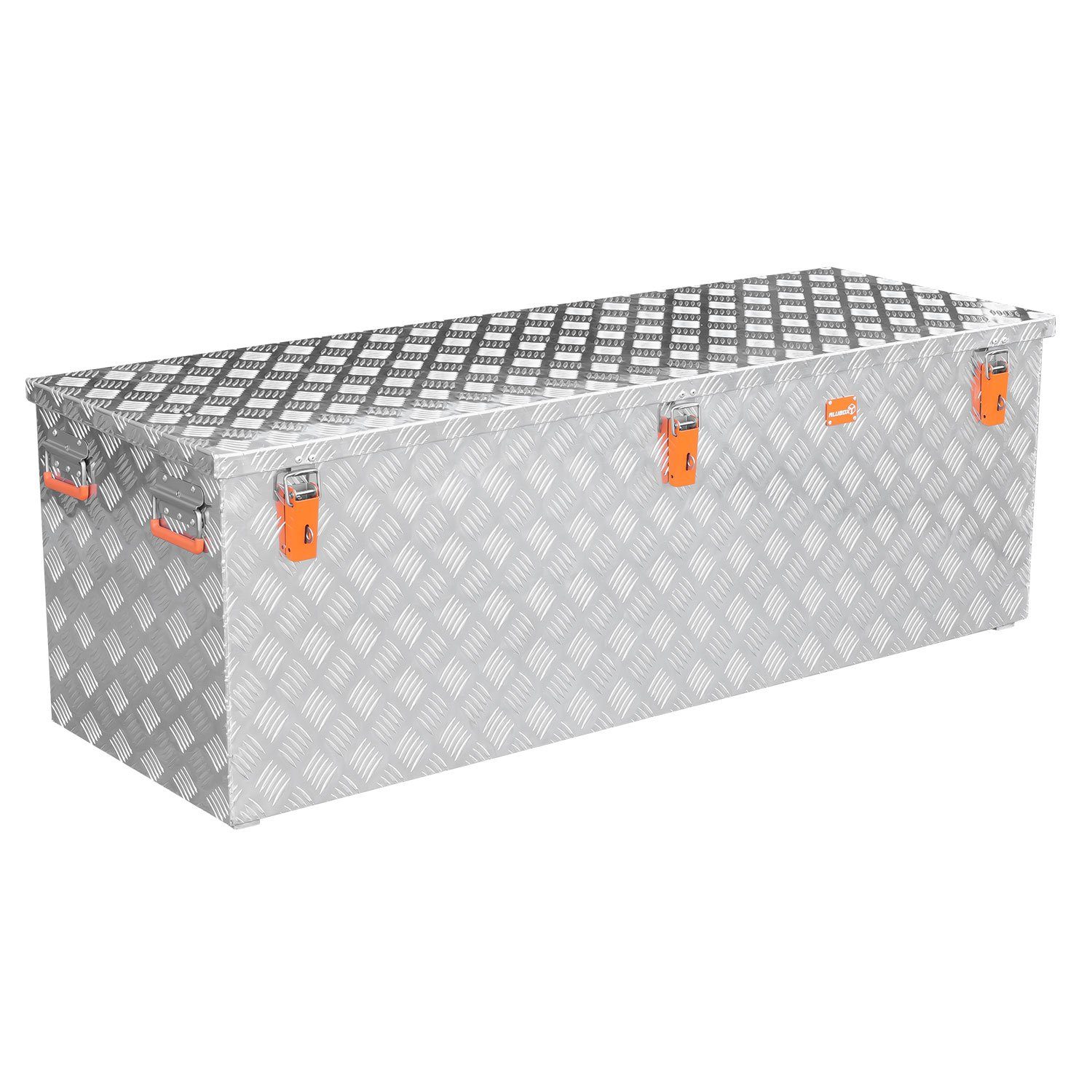 ALUBOX Aufbewahrungsbox aus Aluminiumriffelblech massive Transportkiste (375 Liter), Fangbänder oder Gasdruckheber am Deckel - 4 Füße mit M10 Innengewinde