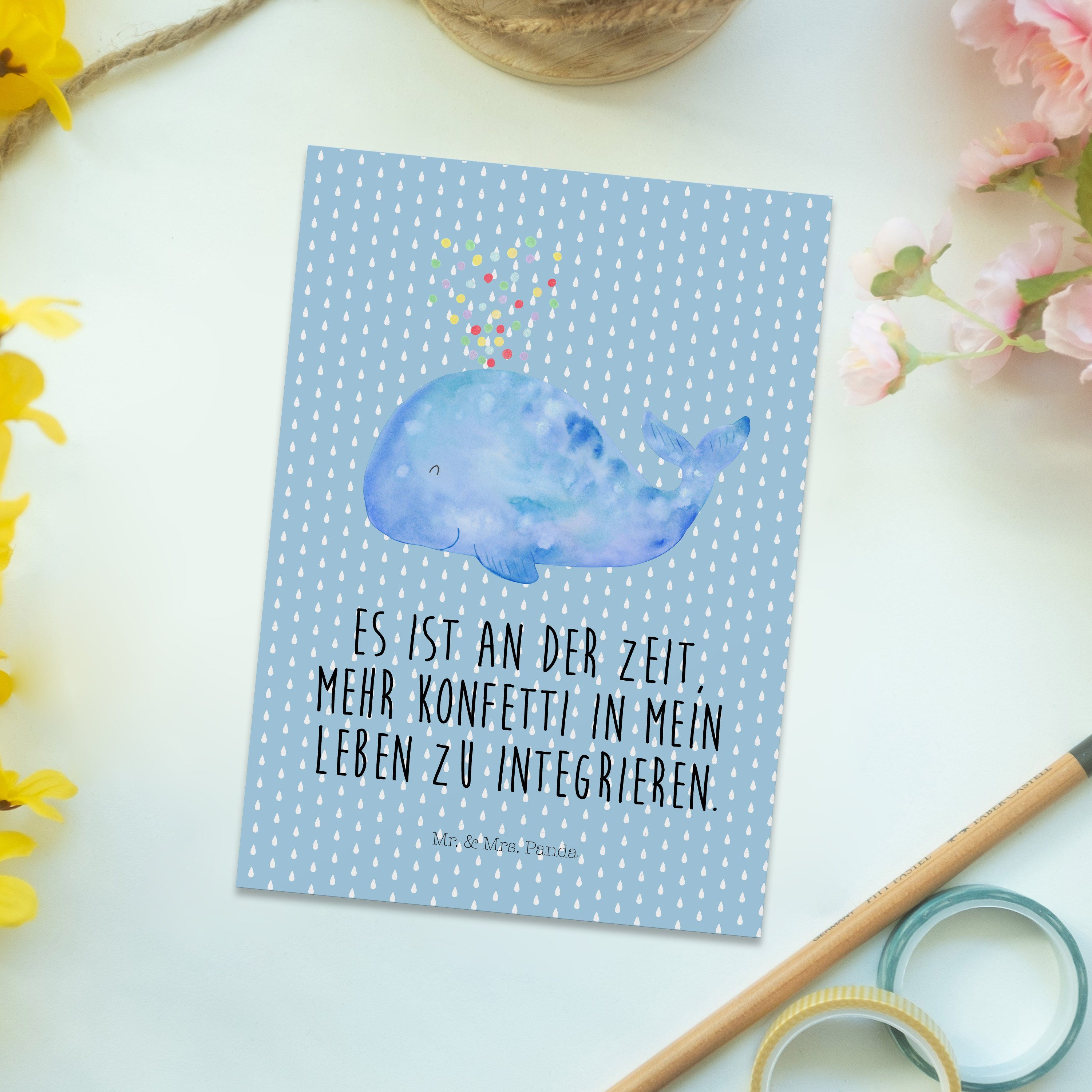 Mr. & Mrs. Panda Konfetti Meer, Postkarte Pastell Geschenk, - Blau Wal Dankeskart Meerestiere, 