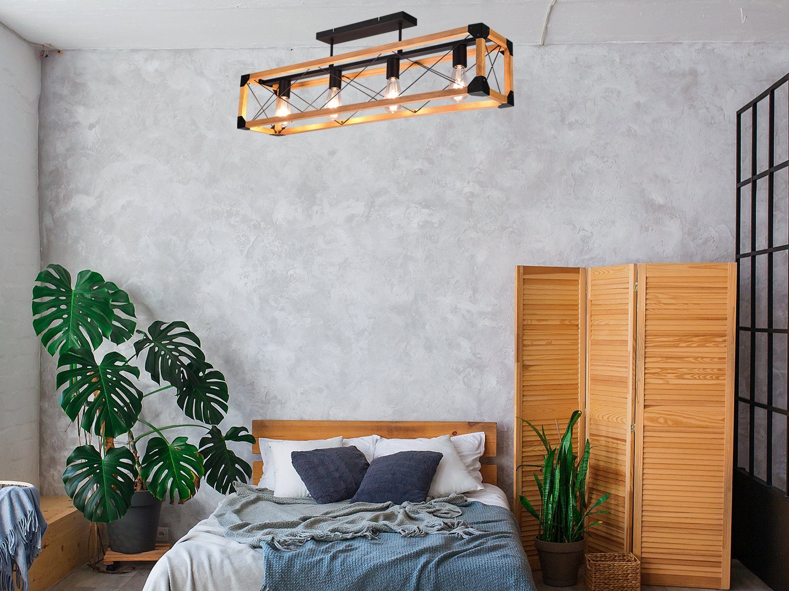 TRIO Leuchten LED Deckenleuchte, LED wechselbar, 4x E27 8 Watt, 1055 Lumen, Warmweiß, Coole ausgefallene Holzlampe Decke Holz-Balken rustikal 100cm lang