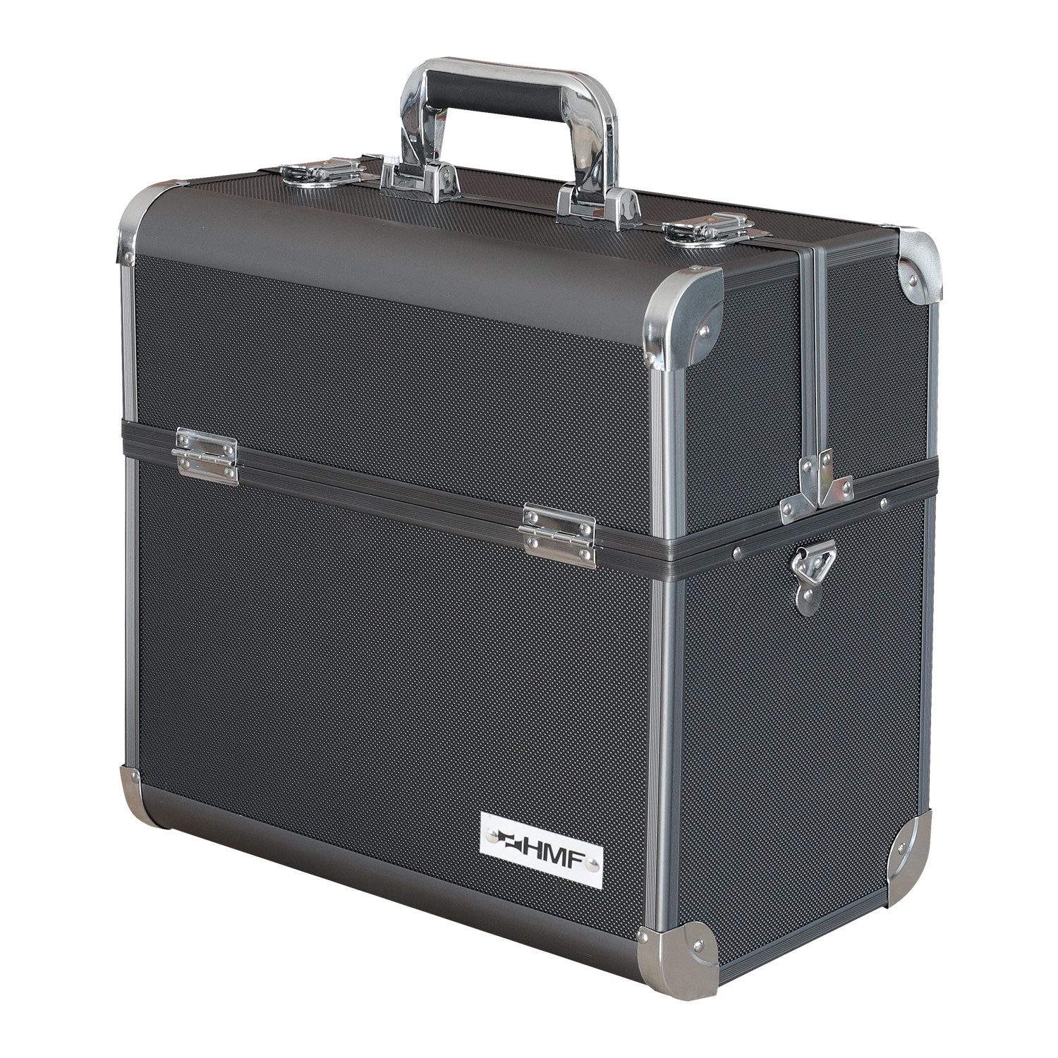 HMF Werkzeugkoffer geräumiger Utensilien Koffer mit Trennwänden, Transportkoffer, für Werkzeug, Angel Sachen und Kosmetik, 36,5x35x22 cm, schwarz