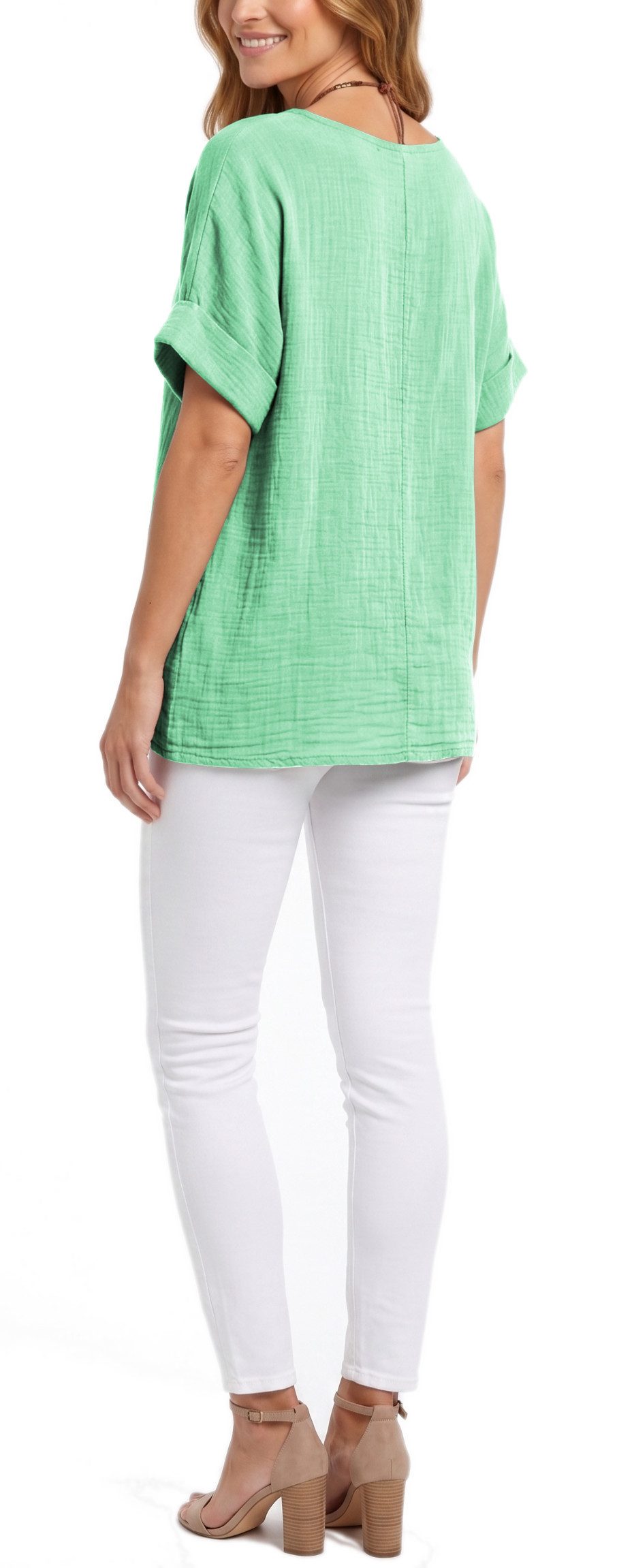 dy_mode Kurzarmbluse Damen Kurzarm Bluse Leichte Sommer Tunika Baumwollbluse Oberteil in Unifarbe, mit passende Kette – Bild 3 von 5