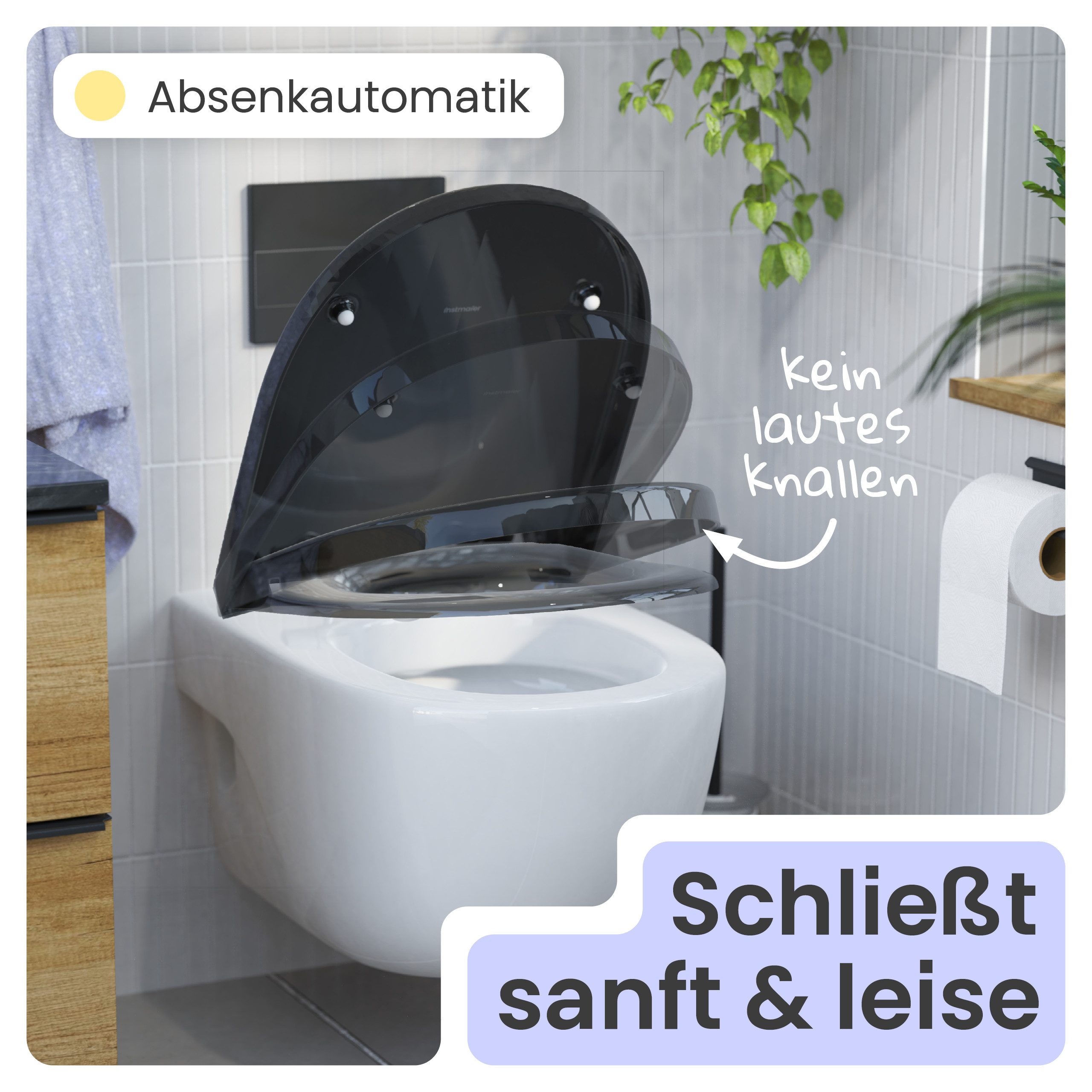 instmaier WC-Sitz Alma, Made in Germany, bakterienabweisendes Duroplast, bis 250kg, Schwarz Glänzend, mit Absenkautomatik, zur Reinigung abnehmbar