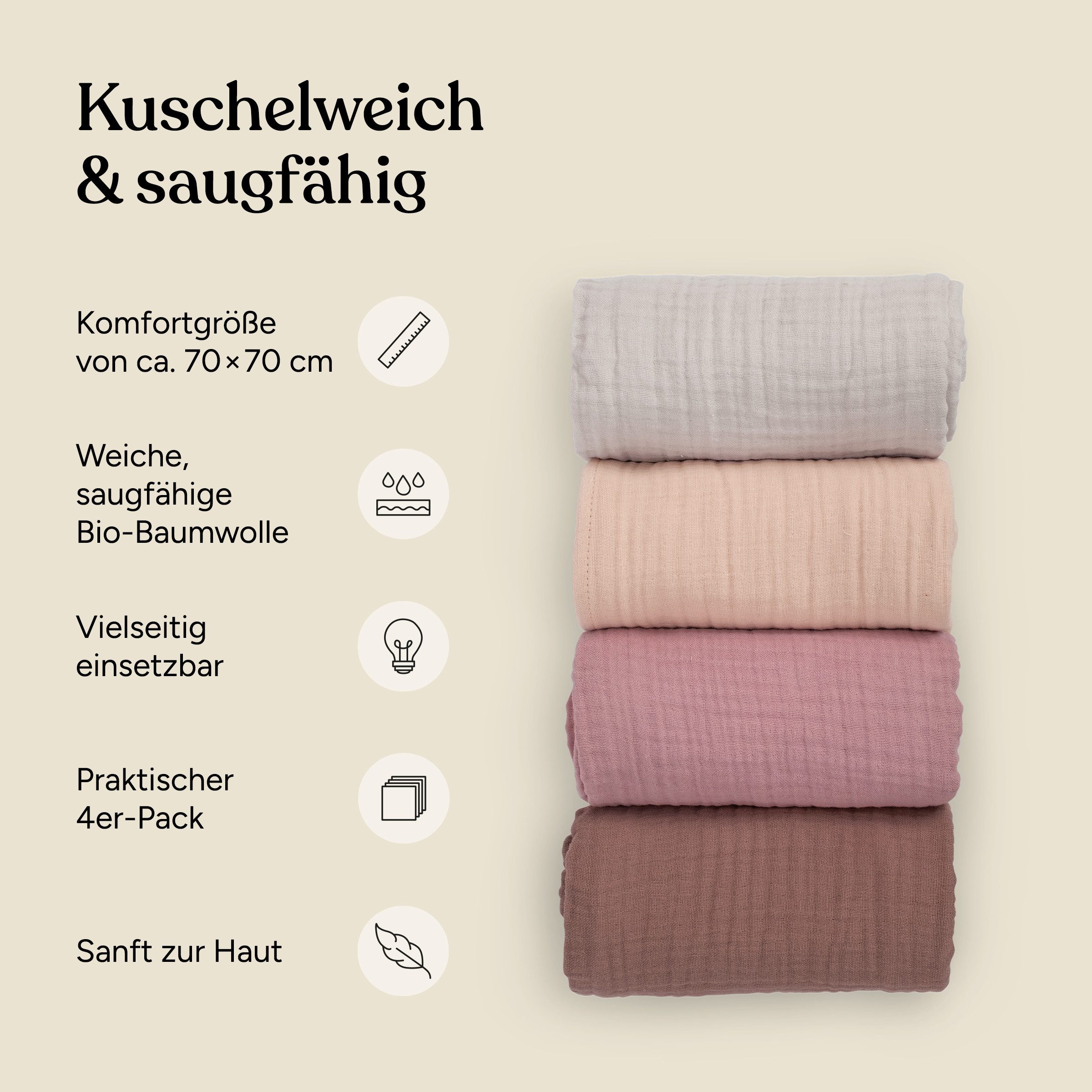 Ehrenkind Spucktuch Mulltücher-Set aus saugfähiger Musselin Bio-Baumwolle, (Sprucktücher Baby im 4er Set, Musselintücher Baby 70x70 cm), viele Einsatzmöglichkeiten wie Stoffwindeleinlage