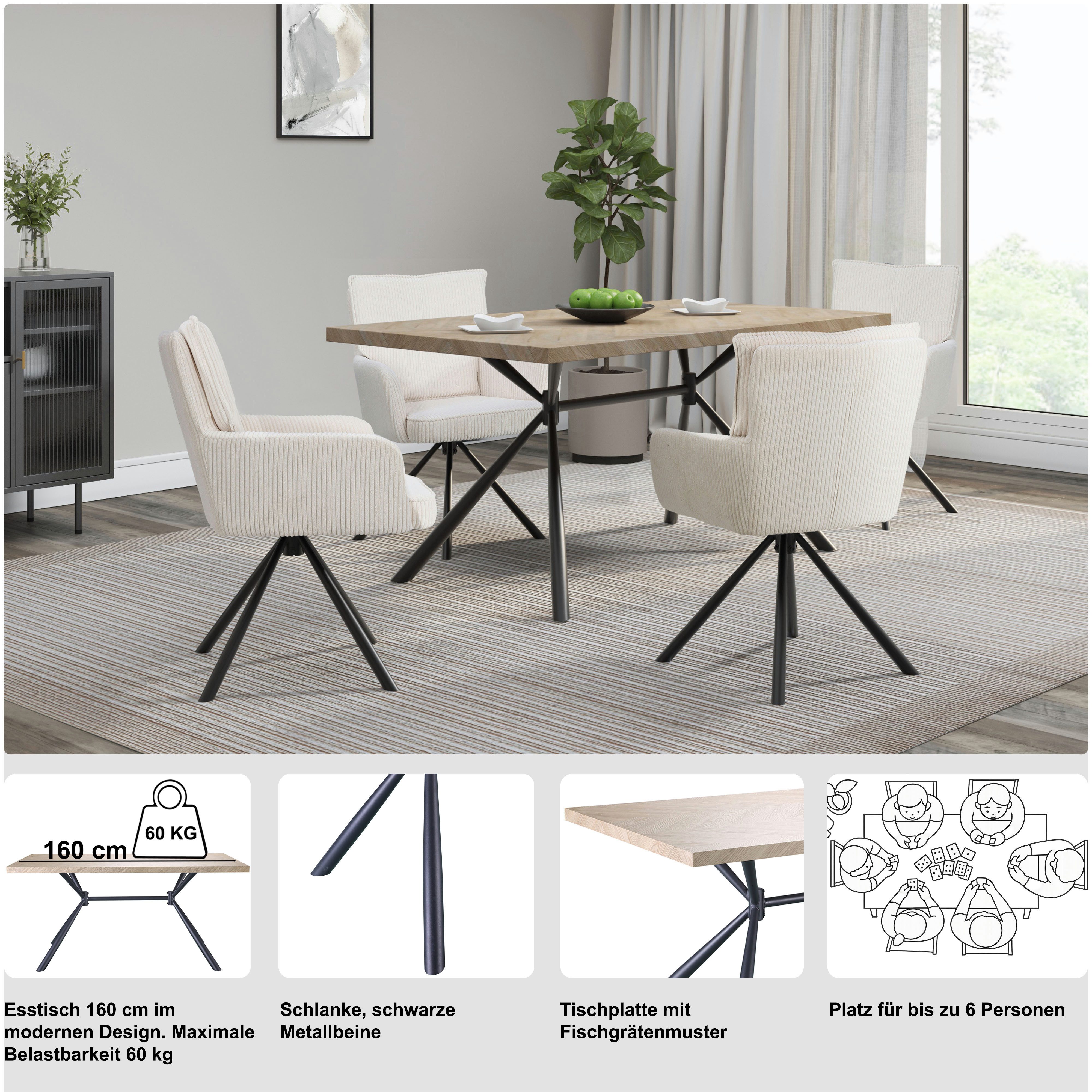 OTTO home Esstisch Larchant, Tischplatte in Fischgrätoptik, schwarze Metallbeine, Höhe 76 cm