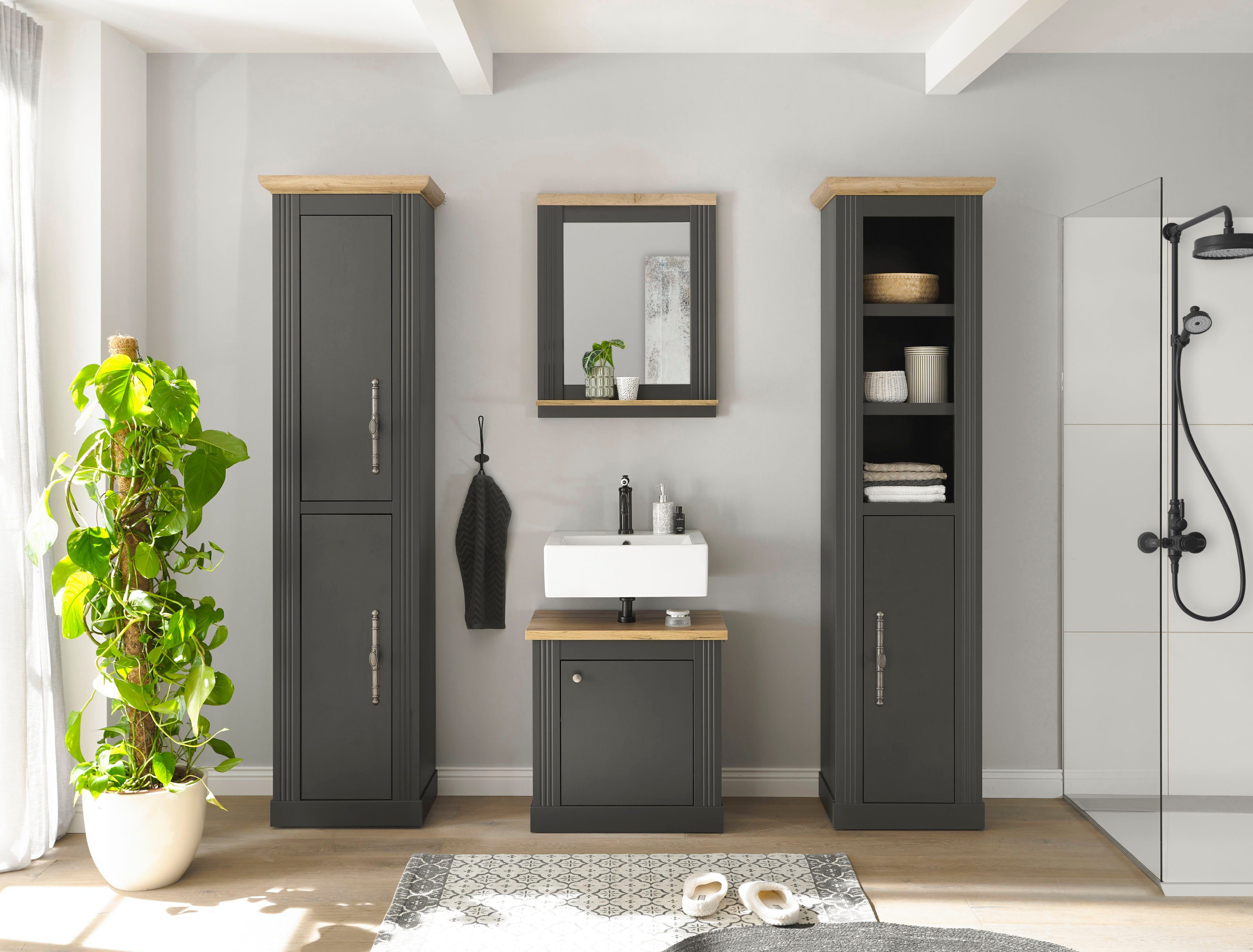 OTTO home Badmöbel-Set WESTMINSTER, Bad im Landhausstil, 4-teiliges Badezimmer, (4-St), Unterschrank, Spiegel, 2 Hochschränke, in 2 Farben, Breite 200 cm