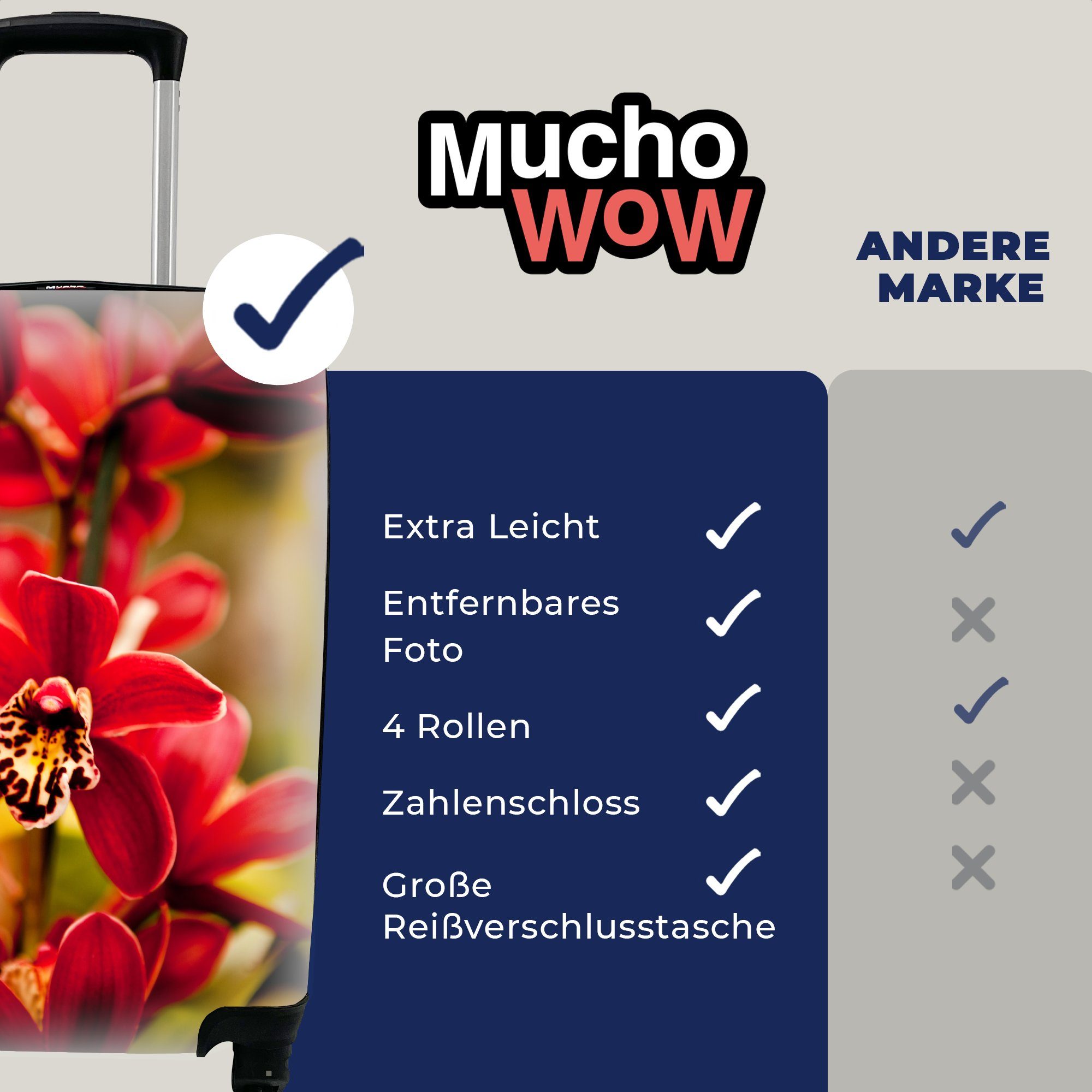 Trolley, Reisetasche für Rollen, mit verblasstem Handgepäck rollen, Orchideen MuchoWow Hintergrund, Ferien, 4 Rote mit Handgepäckkoffer Reisekoffer