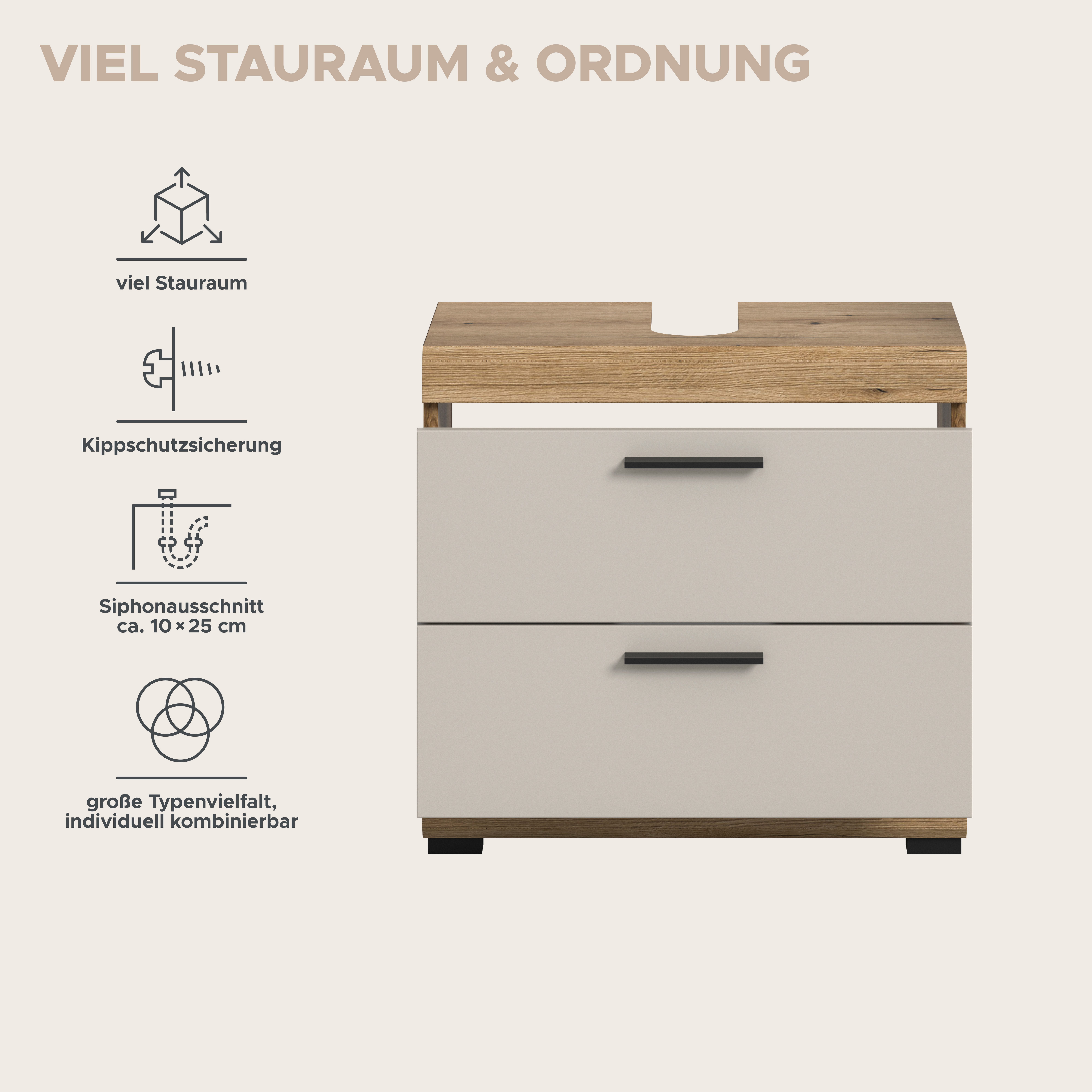 welltime Waschbeckenunterschrank SIENA, Breite 60cm, mit 2 Türen oder 2 Schubkästen, MDF-Front (1-St., TOPSELLER!, mit Siphonausschnitt 10x25 cm) in verschieden – Bild 5 von 5