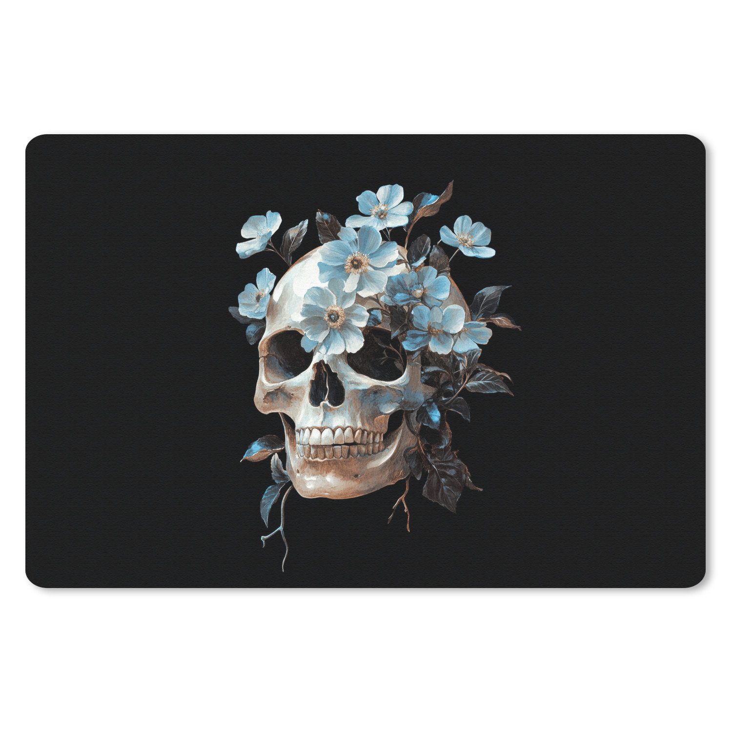 MuchoWow Mauspad Totenkopf - Blau - Blumen - Blätter (1-St), Mouse pad Klein, Gaming Deko, PC Zubehör, 27x18 cm