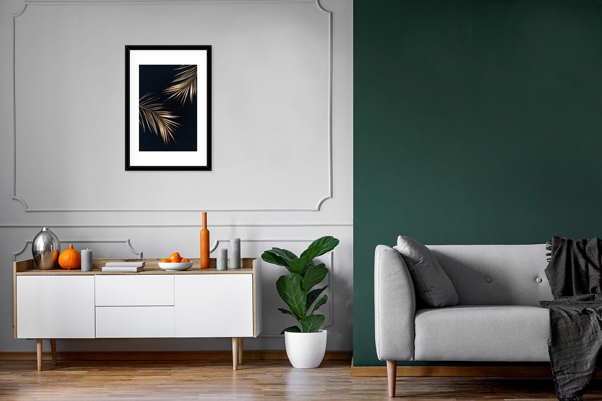MuchoWow Farne - Gerahmtes Pflanzen Bilderrahmen Poster, St), Poster mit Rahmen, - Gold, Kunstdruck, Schwarzem (1