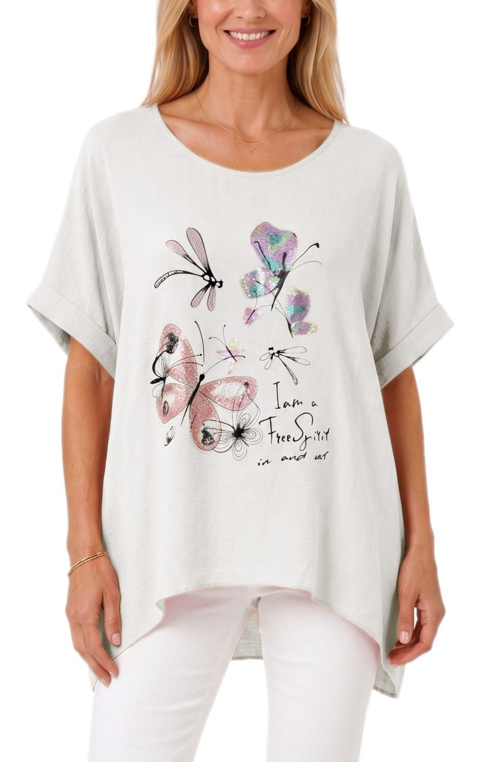 dy_mode Kurzarmshirt Damen Oversize Tunika Sommer Bluse mit Glitzer Shirtbluse Fledermausärmeln, Oversize, mit Glitzer-Steinchen