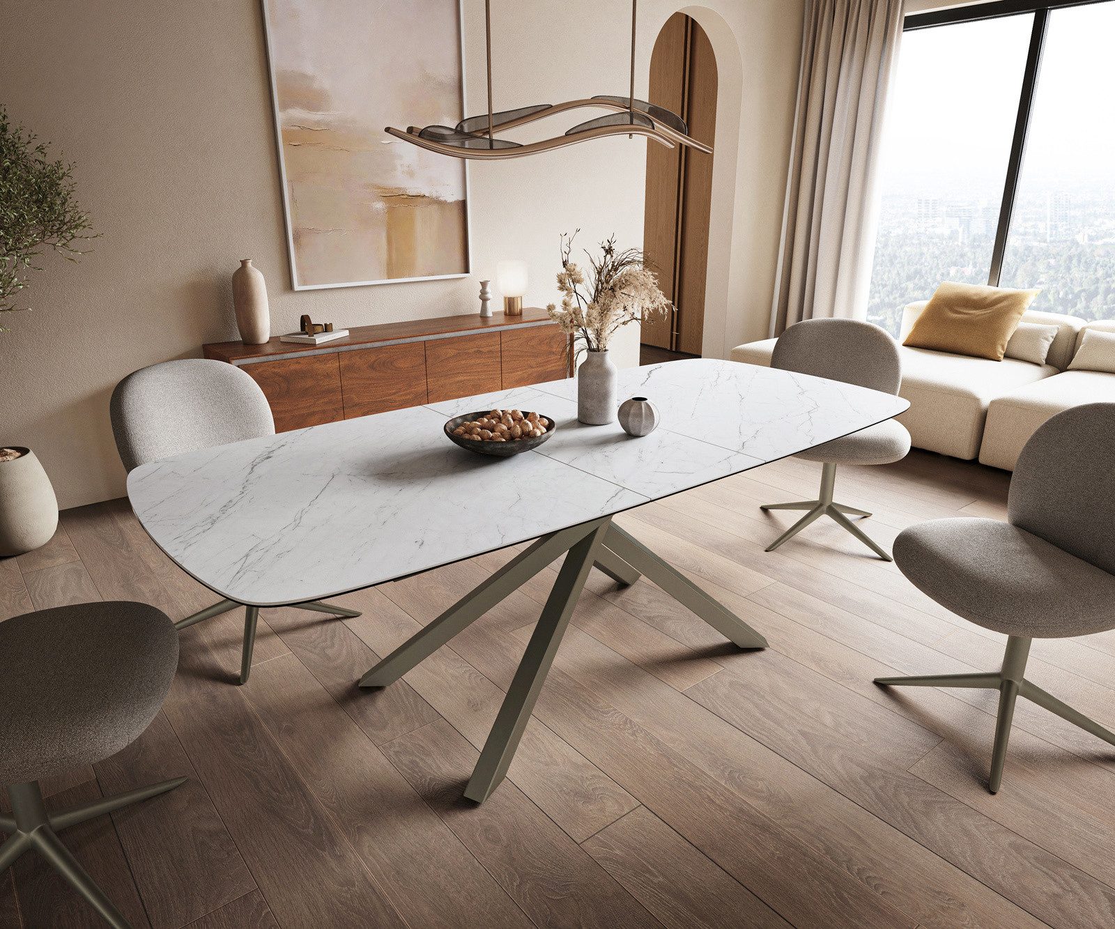 DELIFE Esstisch Edge, Boot 180-220x100 cm Keramik Laminam® Statuarietto Weiß Kreuzgestell Re