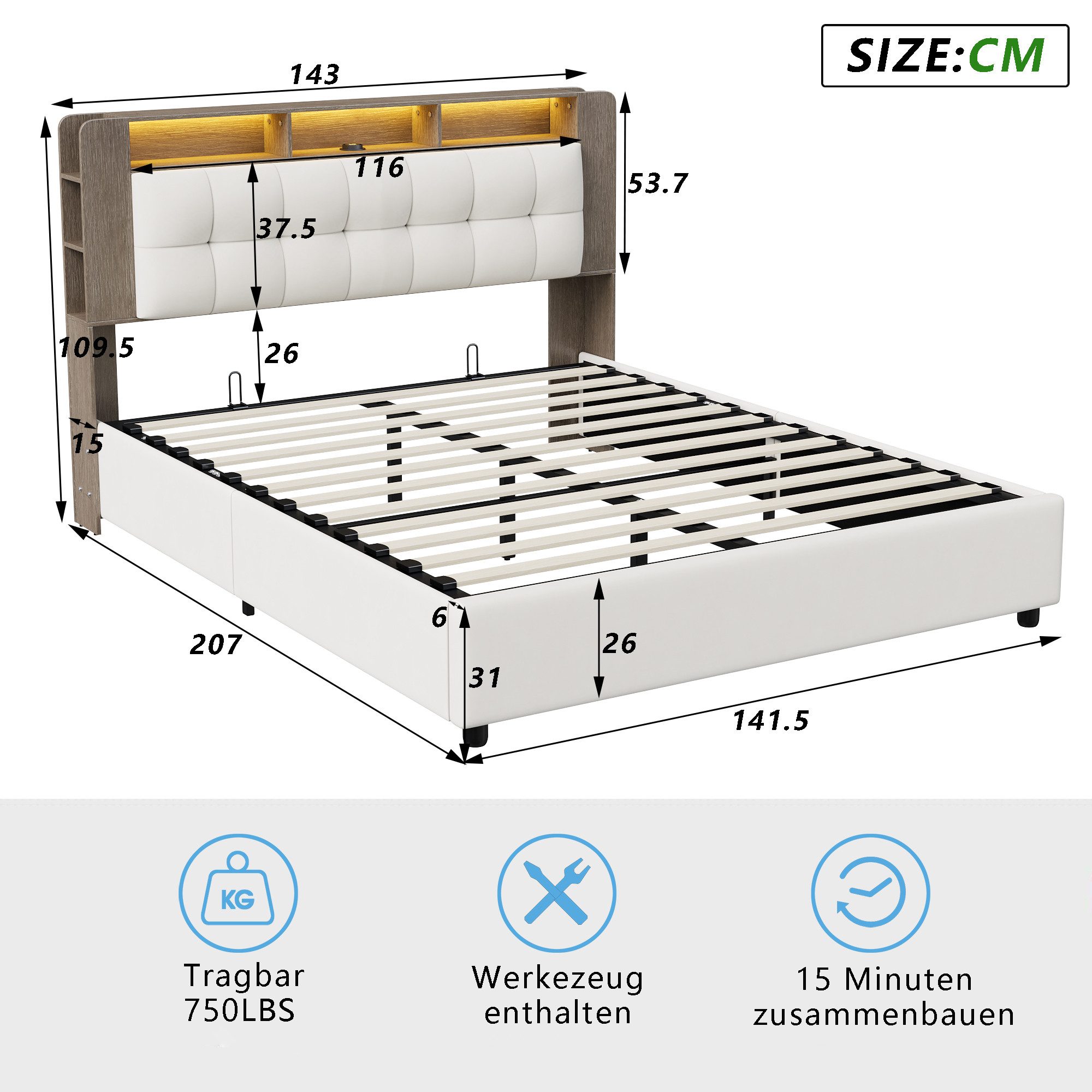 ADWOLT Stauraumbett Polsterbett Doppelbett mit Drahtlose Ladefunktion (Set, 1-tlg., Gepolstertes Kopfteil mit Staufächern aus Holz), Hydraulischerbett mit LED-B – Bild 5 von 5