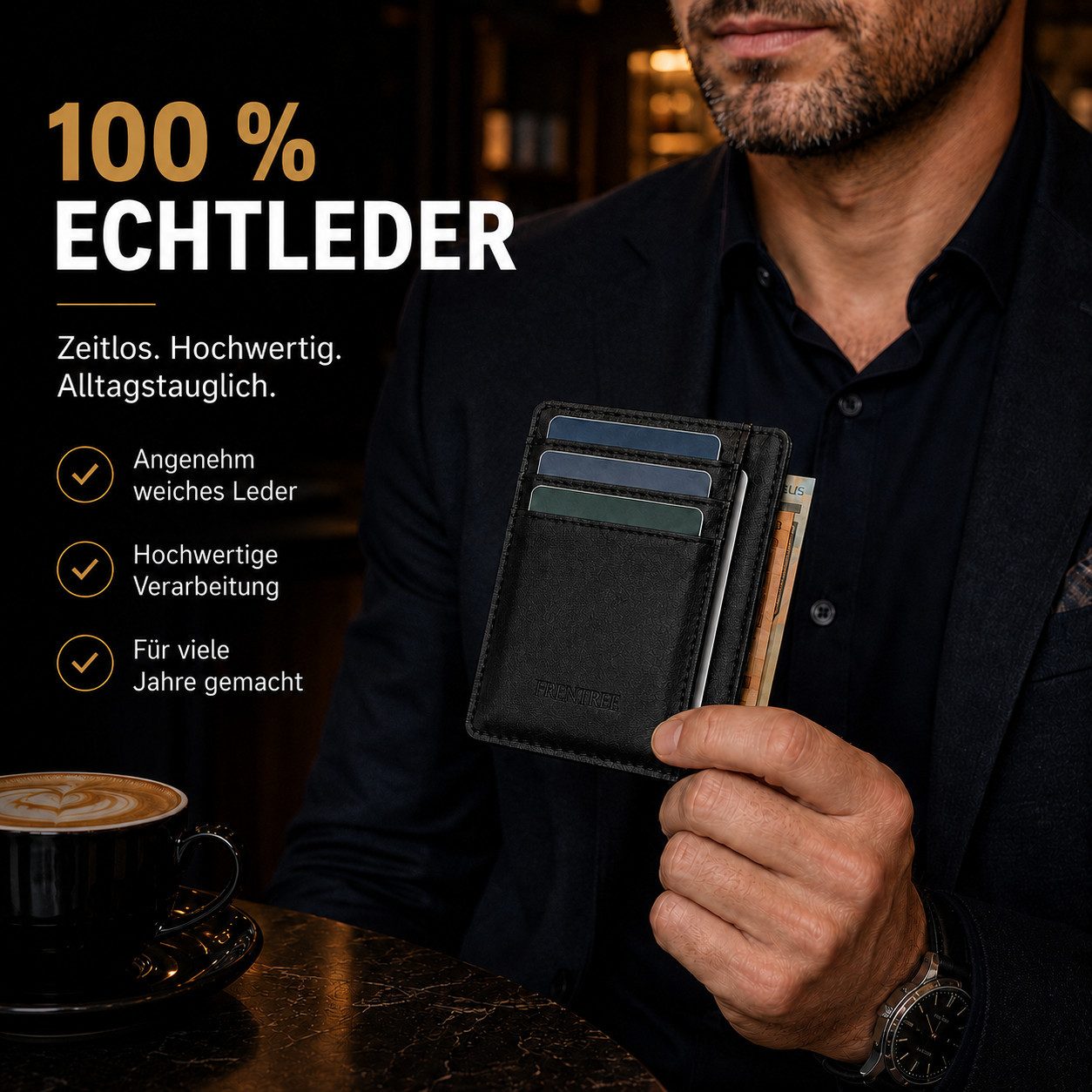 Frentree Kartenetui "Mini"-Geldbörse, minimalistischer Kartenhalter aus Echtleder, für bis zu 10 Karten und Geldscheine, mit integriertem RFID Schutz