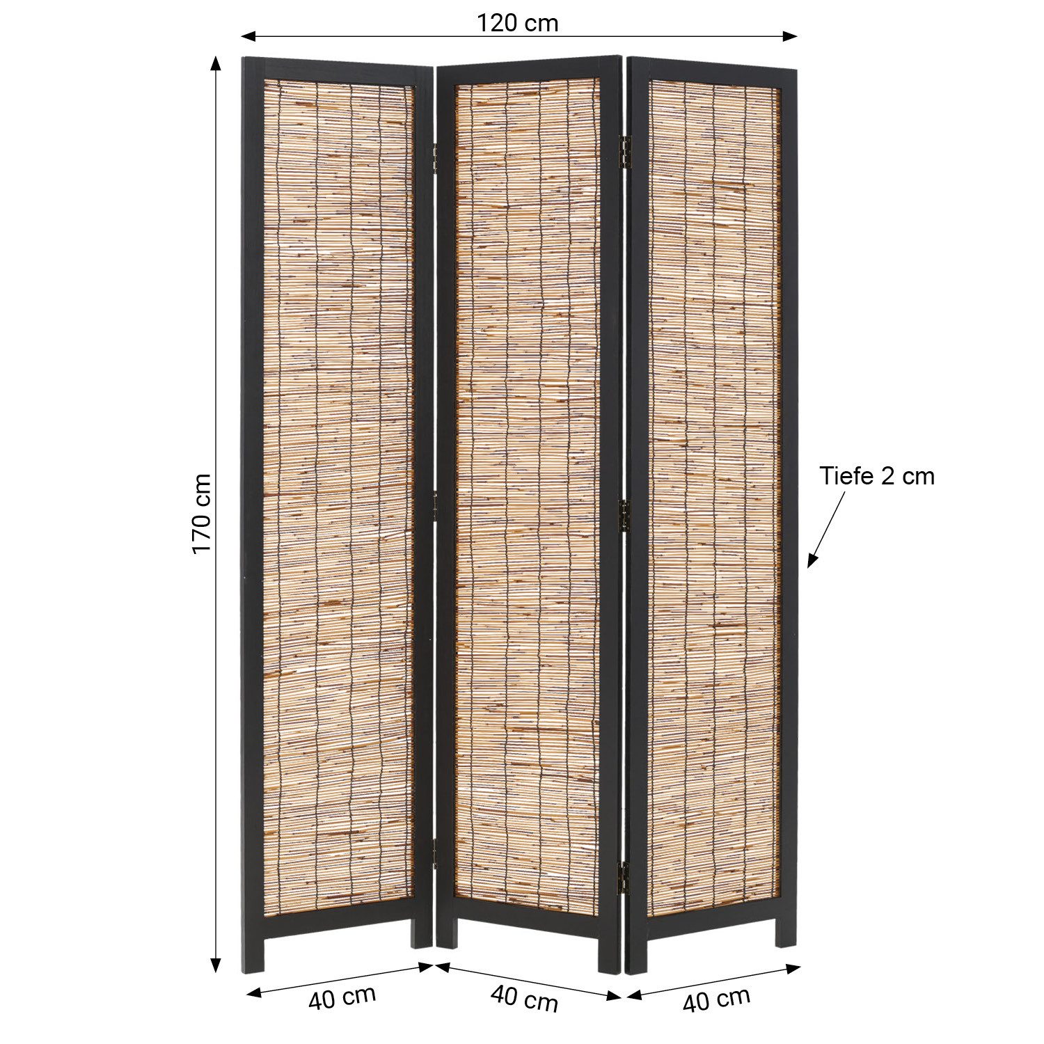Homestyle4u Paravent Raumteiler Holz Trennwand Schwarz Sichtschutz Indoor faltbar Weide (3-teilig), Trennwand, 3-teilig