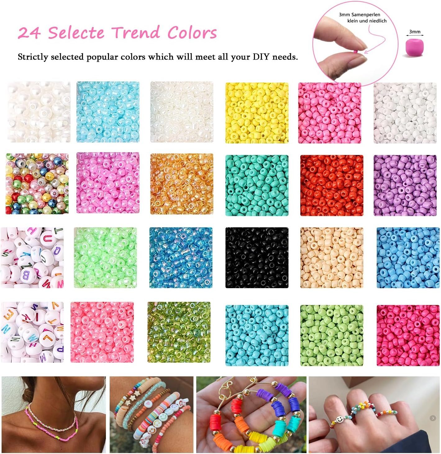 SUOOMAC Perlenarmband Set DIY Schmuck Bastelset 12000 Bunte Perlen 3mm Glasperlen (DIY Schmuckbastelset mit 12000 Glasperlen für Kinder & Erwachsene, 1200-tlg., – Bild 4 von 5
