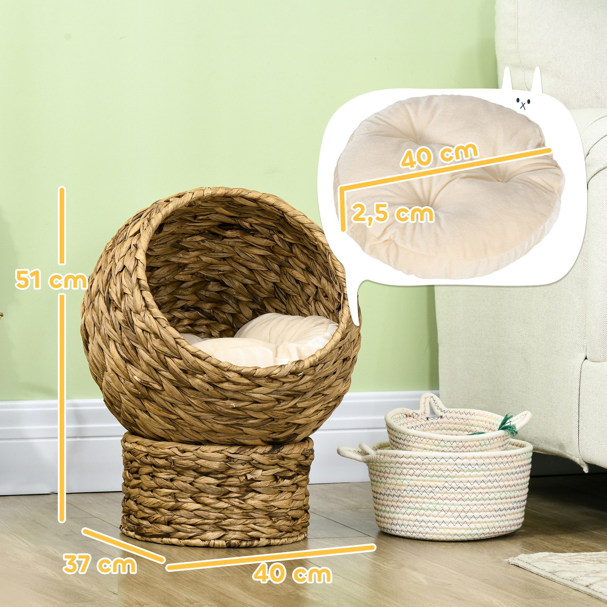 PawHut Tierhaus Katzenbett, mit Kissen, Wasserhyazinthe, für Katzen, Braun