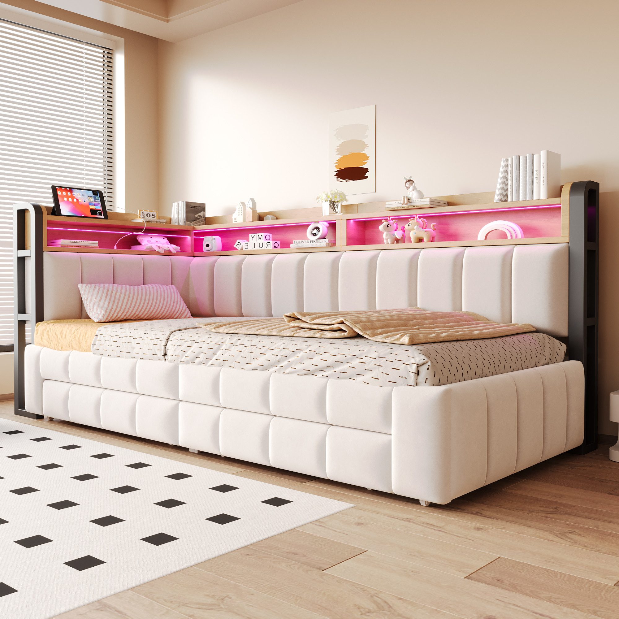 Celya Polsterbett Schlafsofa 90/180 × 200 cm Mit Ausziehbarem Bettteil und Schubladen (ohne Matratze, Mit LED-Beleuchtung, USB- und Typ-C-Anschlüssen), Mit Abla – Bild 5 von 5