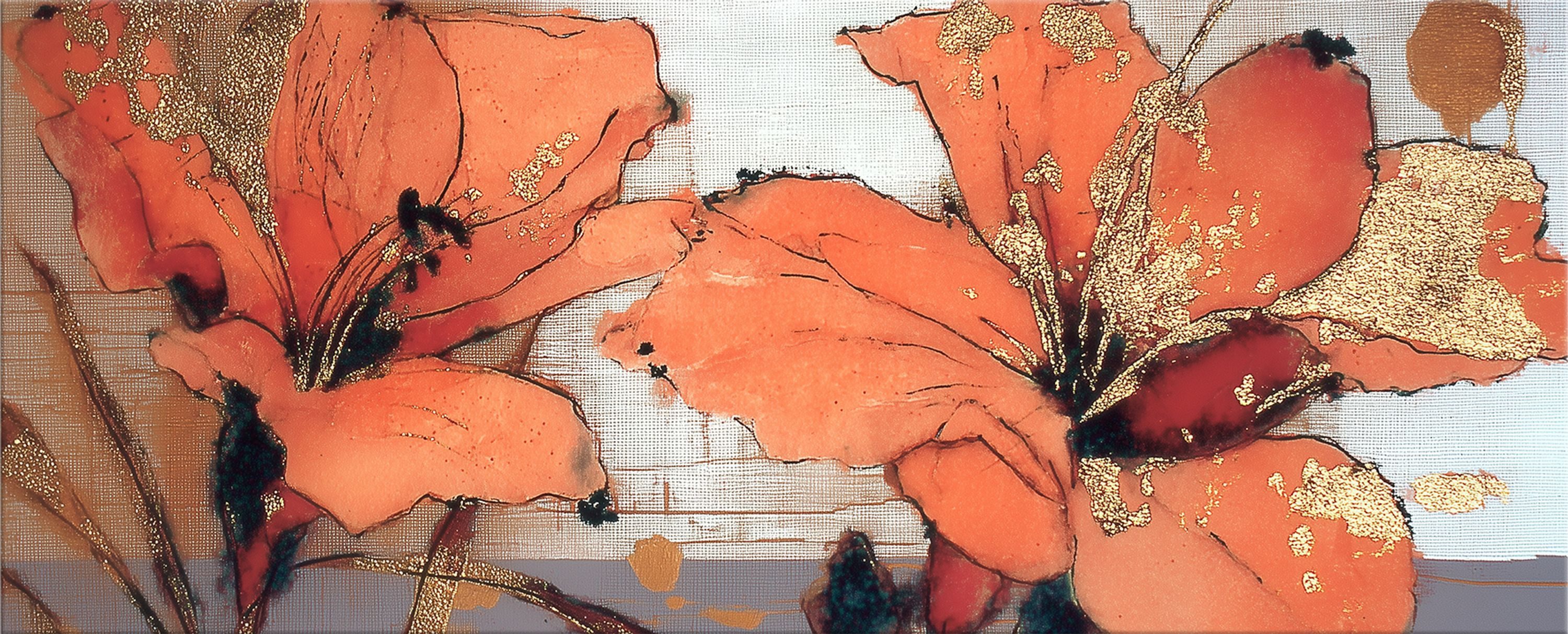 artissimo Glasbild XXL Bild aus Glas 125x50 cm / Panorama Wandbild groß / Wanddeko modern, Blumen und Blüten: Malerei in Orange-Gold