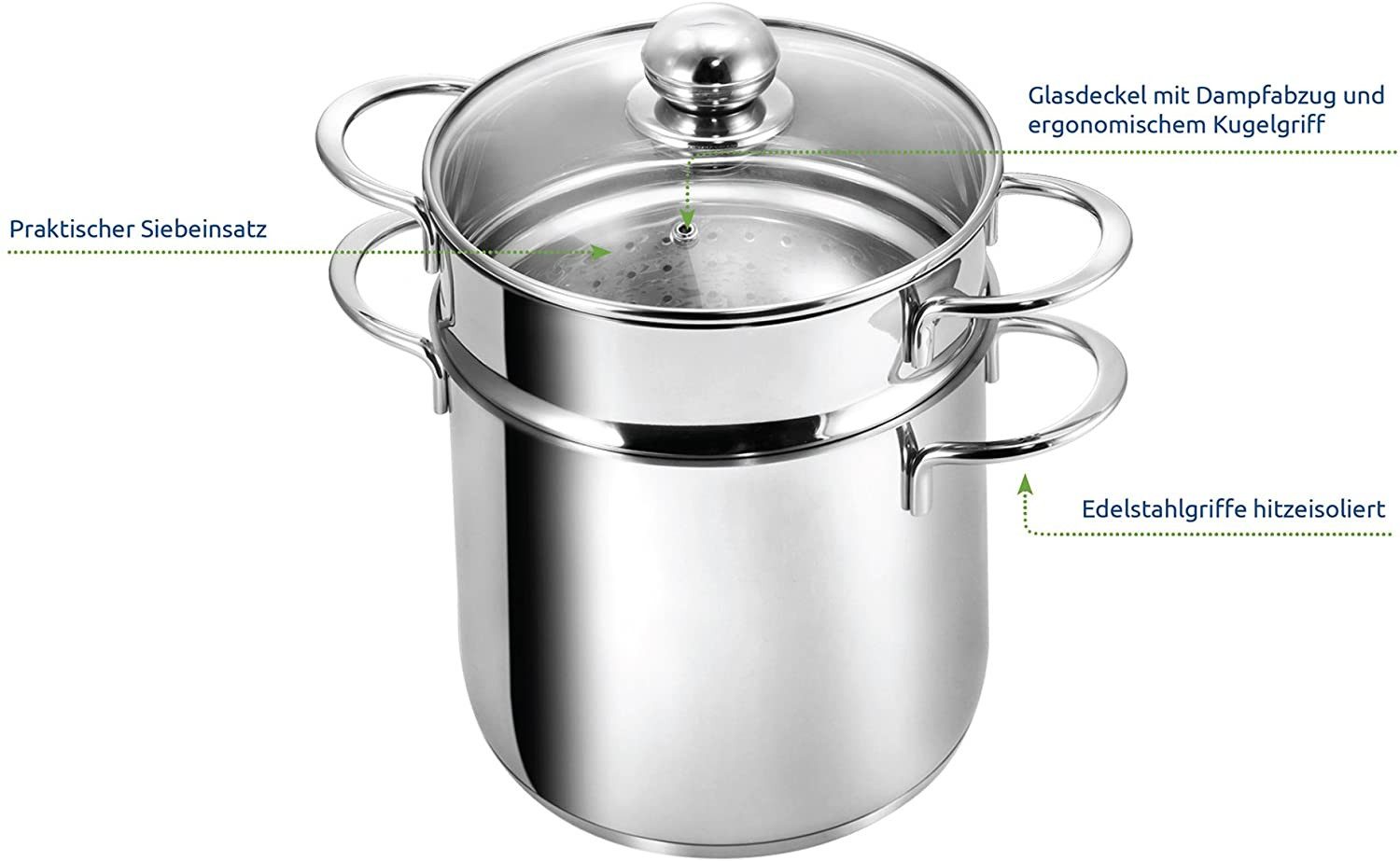 Kopf Spaghettitopf Makkaroni, Edelstahl, Ø 20 cm, mit Siebeinsatz für Gemüse