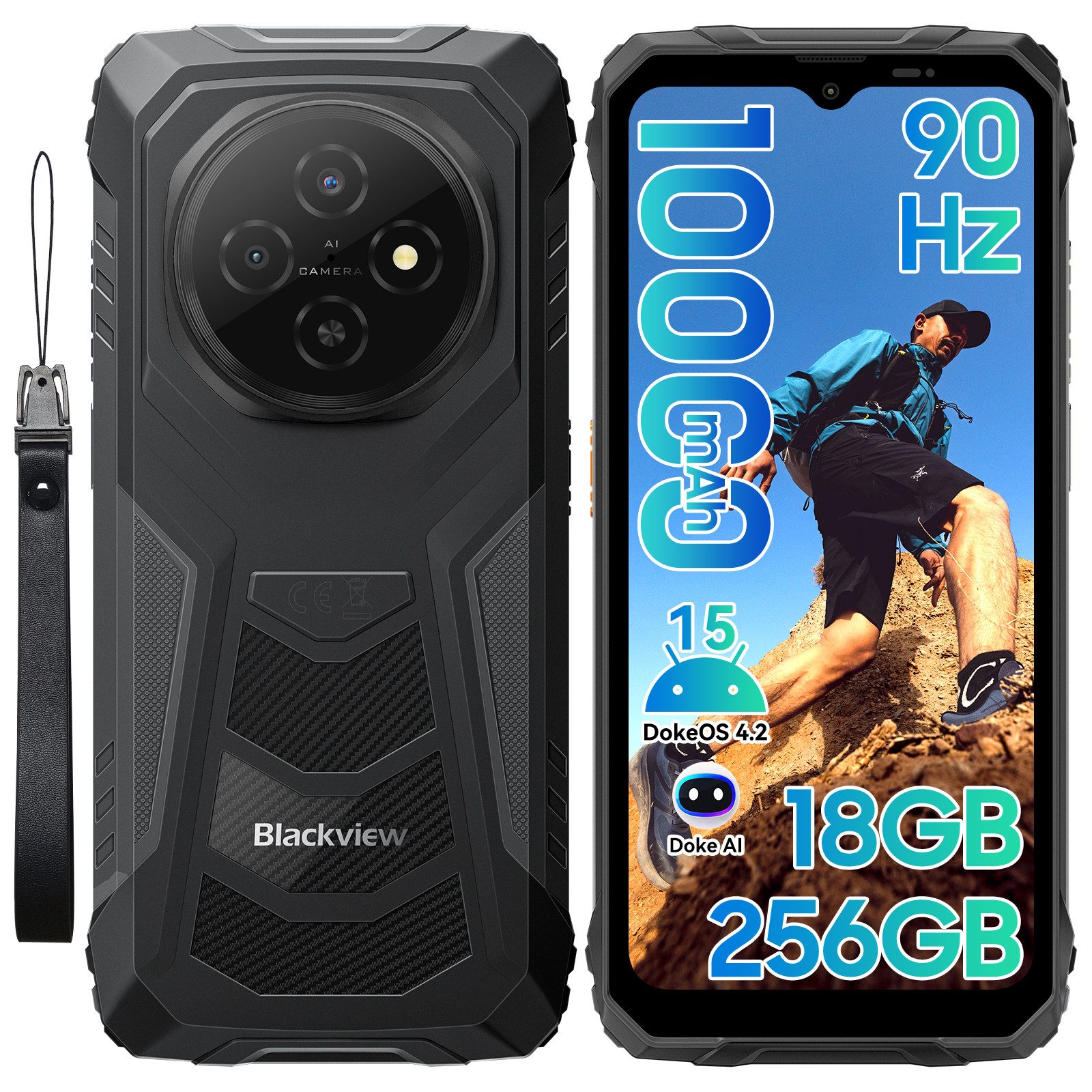 blackview FORT Android 15, 10000mAh, AI, Outdoor Smartphone (256 GB Speicherplatz, 6.56”, 90Hz, fingerprint, NFC,10000mAh, 18W)
