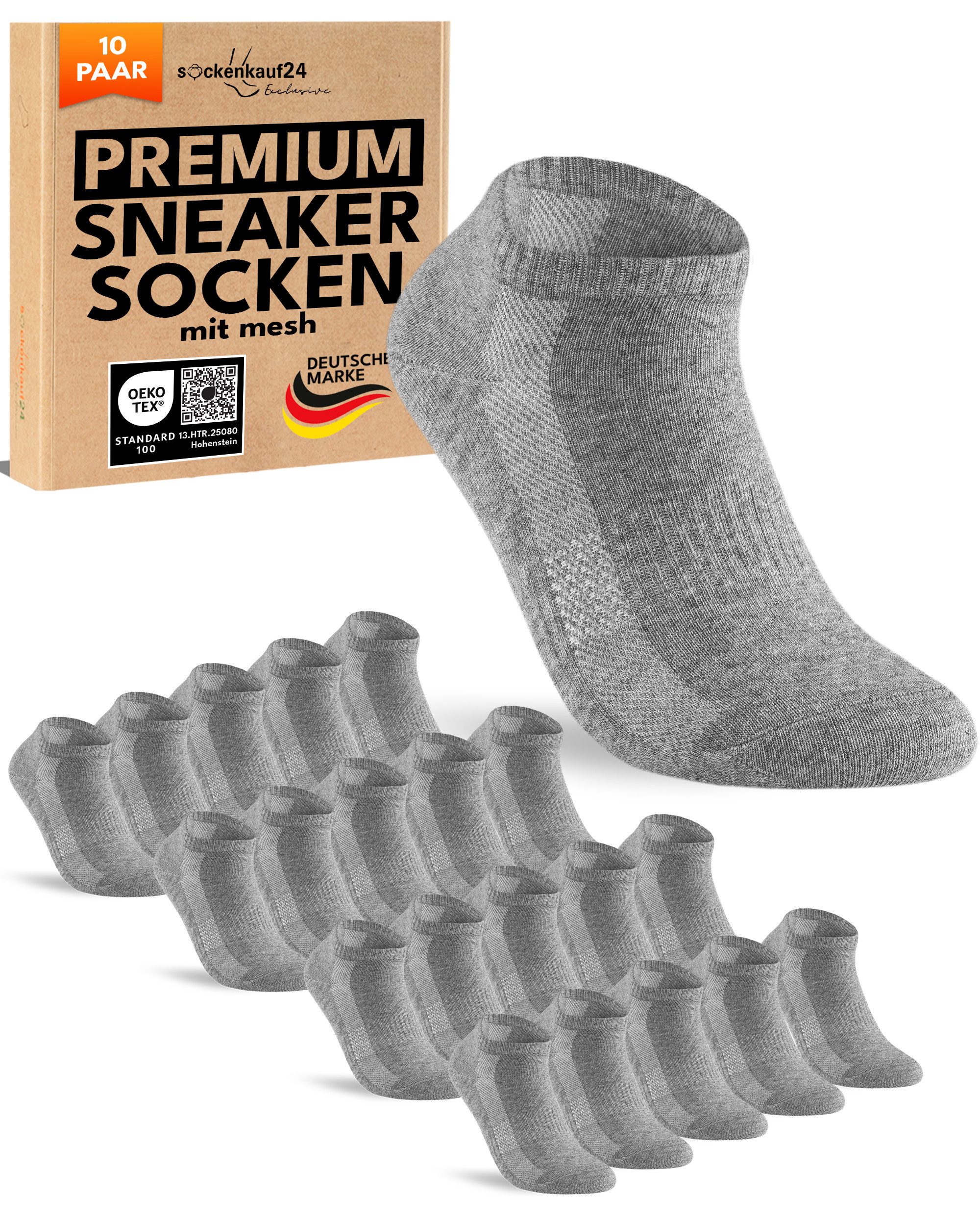 sockenkauf24 Sneakersocken 10 Paar Sneaker Socken Herren Damen Sportsocken Baumwolle (10-Paar) Atmungsaktiv mit Mesh-Streifen