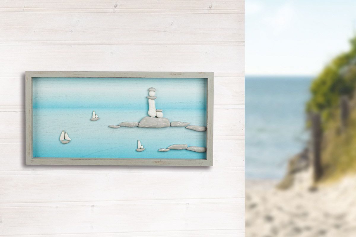 MF Bild mit Rahmen Steinbild Küstenruhe Mare Leuchtturm Handgefertigt 3D Weiß Maritim, (1 St)