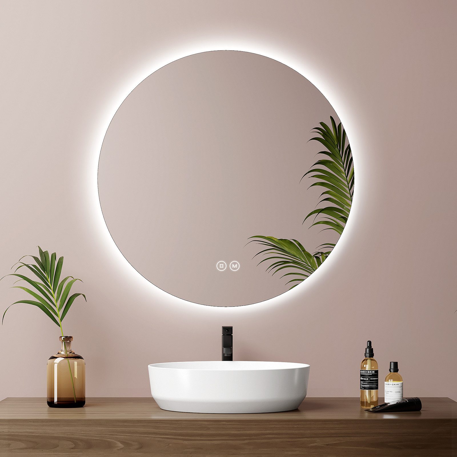 EMKE LED-Lichtspiegel Badspiegel rund, rahmenlos, Touch-Steuerung, dimmbar, Memory-Funktion (50–80 cm, Touchschalter), 3 Lichtfarben, indirekte Beleuchtung, IP44, Ø 50 cm