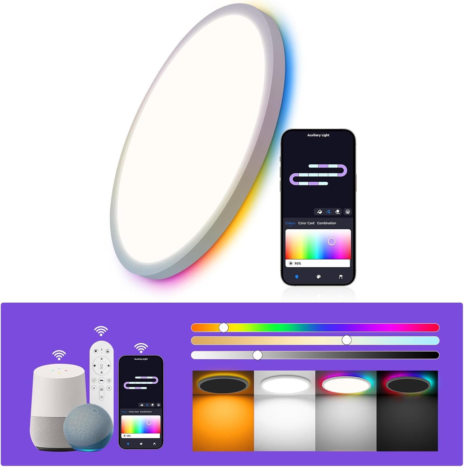 Athlix LED Deckenleuchte Deckenleuchten LED Deckenlampe Flach Rund Ø29 cm Deckenleuchte Dimmbar, LED fest integriert, 24 W, Fernbedienung, App-Steuerung, 16 Mio. Цвета(ов)