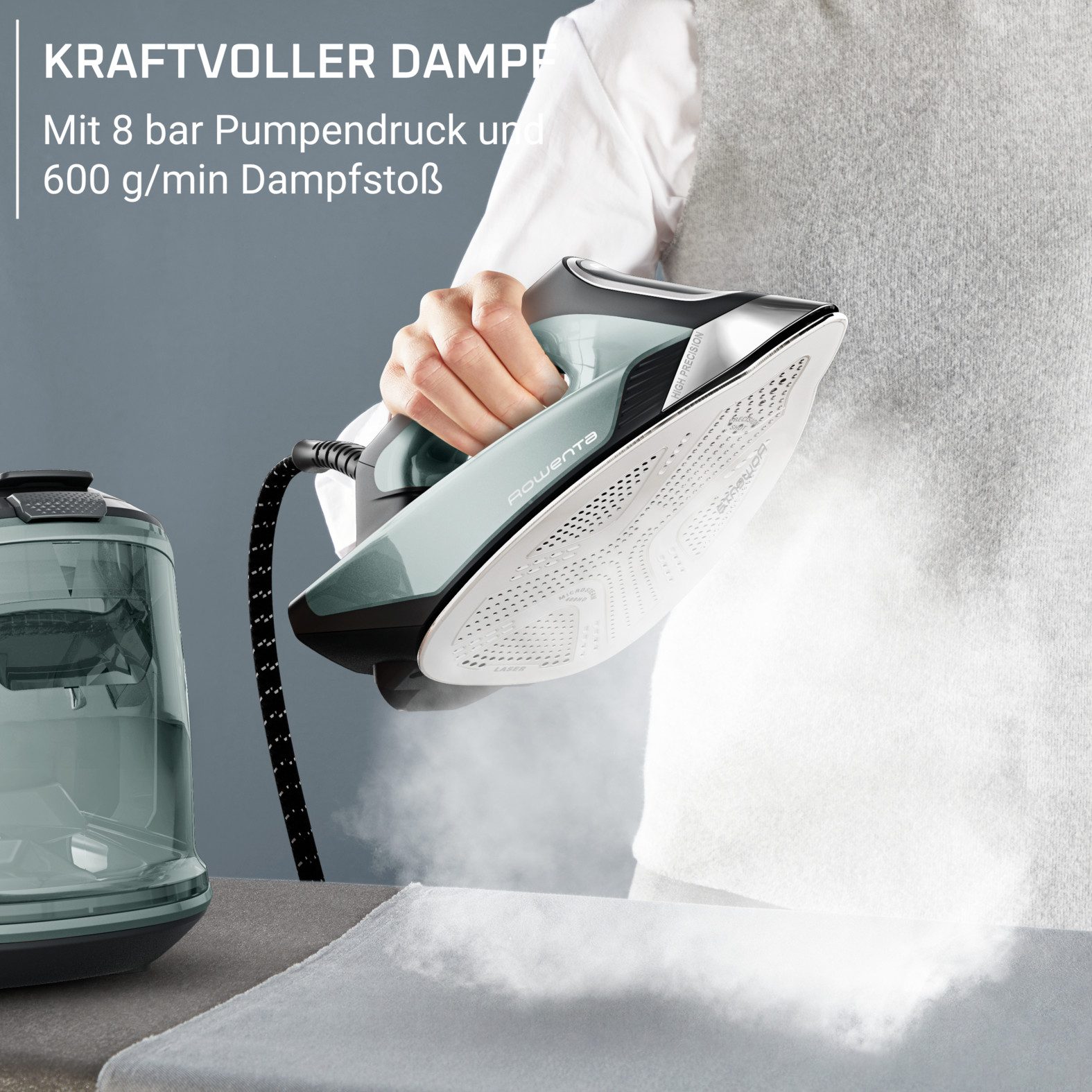 Rowenta Dampfbügelstation Force Pro 500, mühelose Textilpflege mit 2 Modi (MAX und ECO), 1800 ml Wassertank, sofortiger Dampf dank Quicksteam-Technologie, Kalk-Kollektor, VR9042