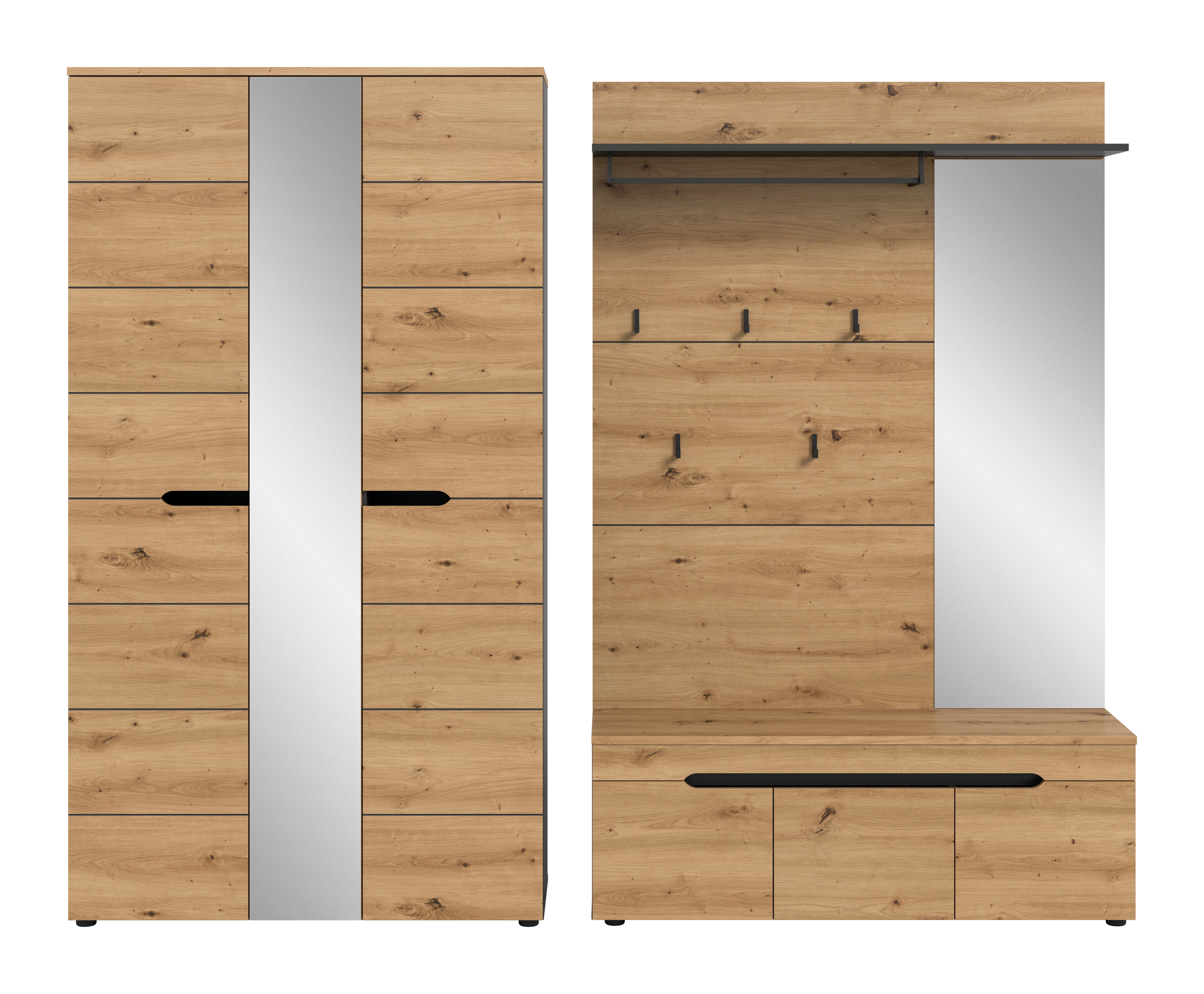 furnling Garderoben-Set Cano, (3-St., Garderobenpaneel mit Spiegel, Garderobenschrank, Sitzbank), 1 Kleiderstange, 5 Haken, Soft-Close, Artisan Eiche, Breite 240 cm