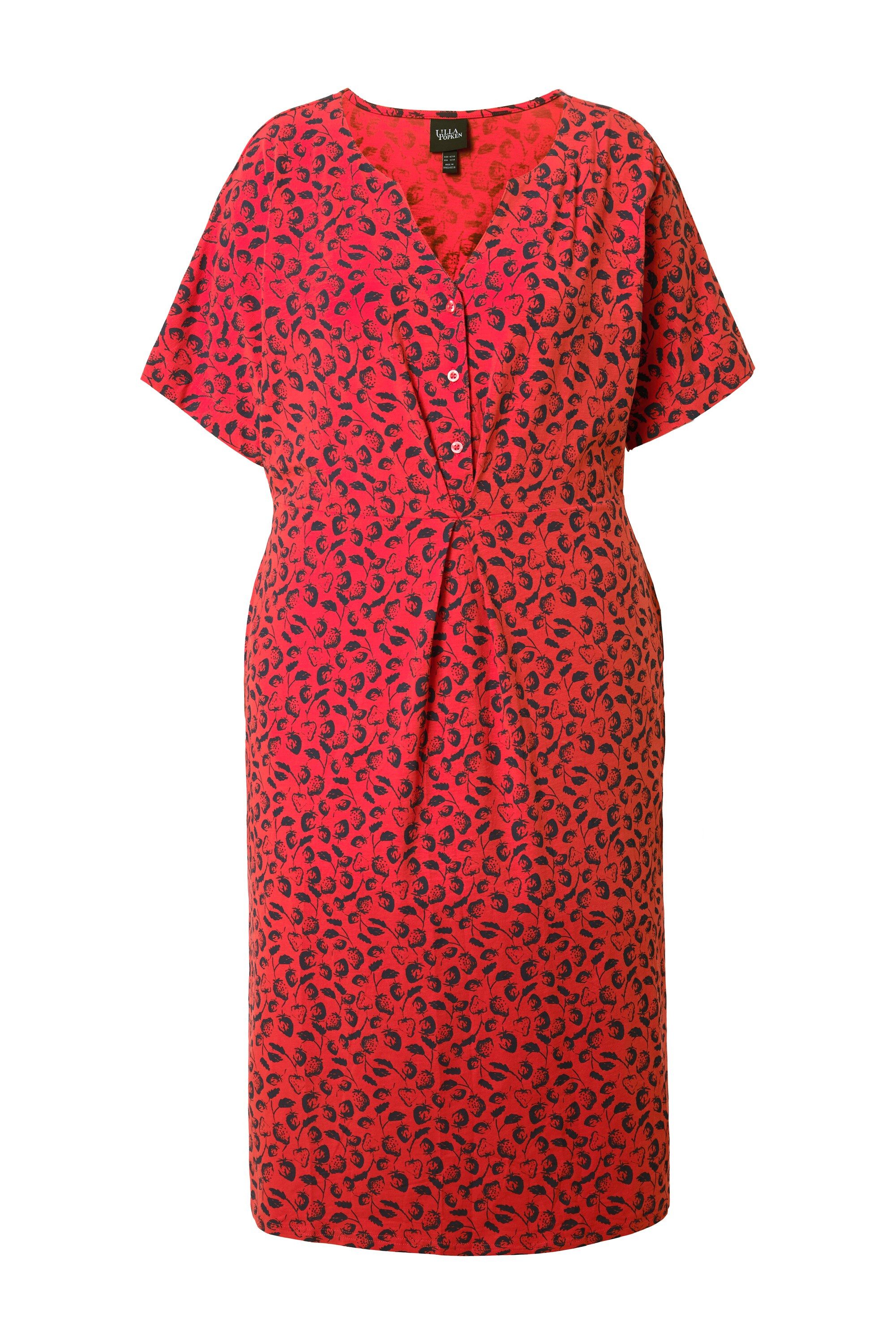 Jerseykleid Midikleid Erdbeeren Tunika-Ausschnitt Halbarm