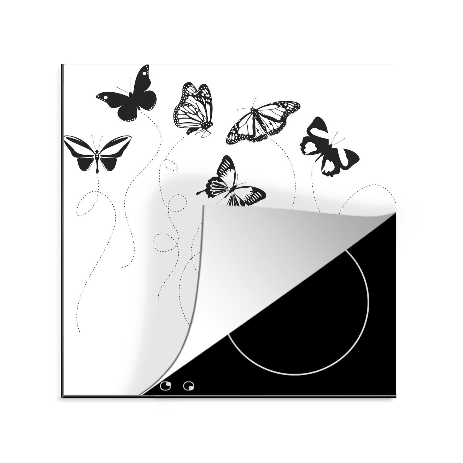 MuchoWow Herdblende-/Abdeckplatte (1 Vinyl, Illustration Ceranfeldabdeckung, tlg), schwarz-weiße Schmetterlingen, Eine von Arbeitsplatte 78x78 küche für cm