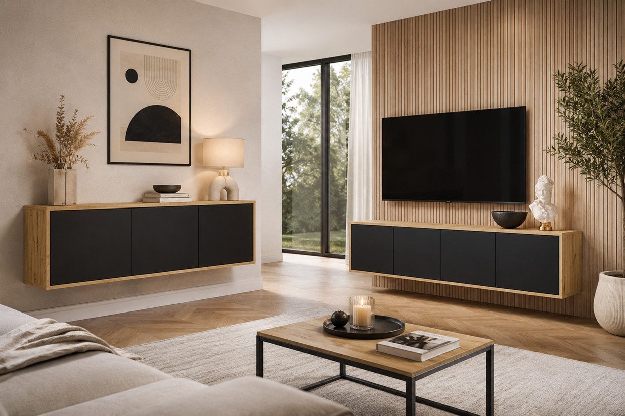 ALLHOUSE24 Wohnzimmer-Set MANDY - TV Lowboard, Kommode, Artisan Eiche & Schwarz, loft, (2-St., Das Set besteht aus: Kommode, TV Schrank), Breite: Kommode: 154 cm, TV-Schrank: 156 cm