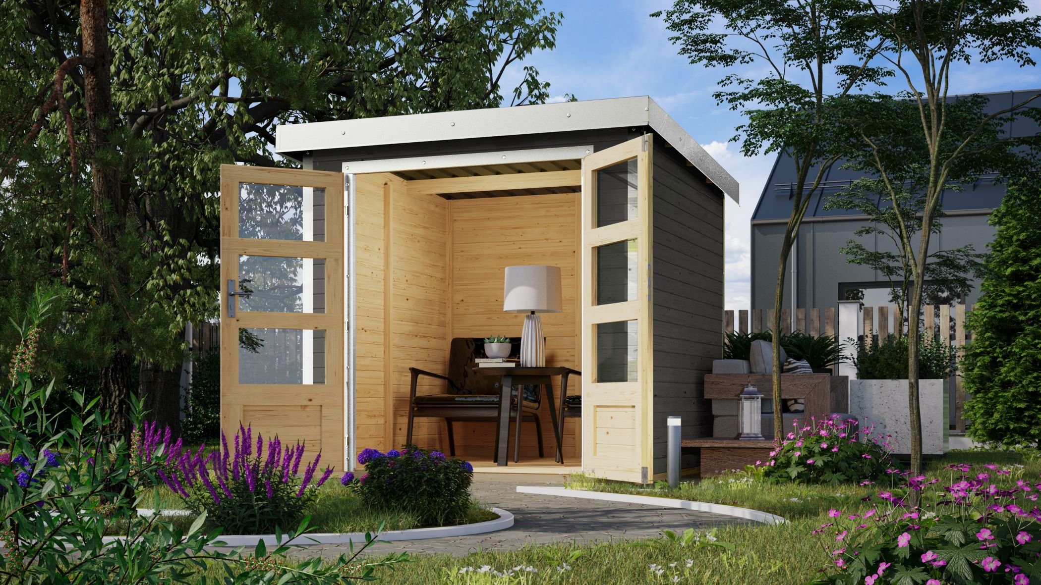 Karibu Gartenhaus Hybrid Gartenhaus Hollywood B terragrau inkl. Fußboden, (1 Stück, inkl. Fußboden), Ideal für DIY-Heimwerker