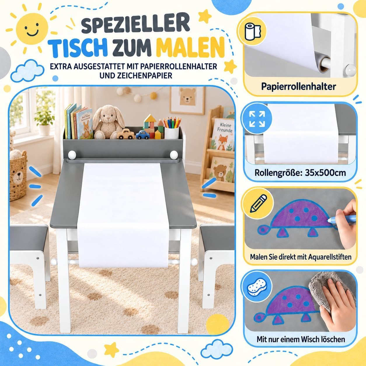TLGREEN Kindertisch Kindermaltisch mit 2 Stühlen (Maltisch Schreibtisch mit Papierrolle und 4 Aufbewahrungskiste, Zeichentisch 100kg Belastbarkeit für Malen/Ler – Bild 3 von 5