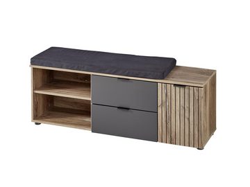 möbelando Sitzbank Lydias, Moderne Garderobenbank inkl. Sitzkissen, Korpus aus Spanplatte in Flagstaff Oak Umbra Nachbildung, Front aus MDF in Cosmos Grey supermatt, Absetzung Leistenoptik in Flagstaff Oak Umbra Nachbildung mit 1 Holztür, 2 Schubkästen, 2 Einlegeböden und 2 offenen Fächern. Breite 134 cm, Höhe 51 cm, Tiefe 38 cm