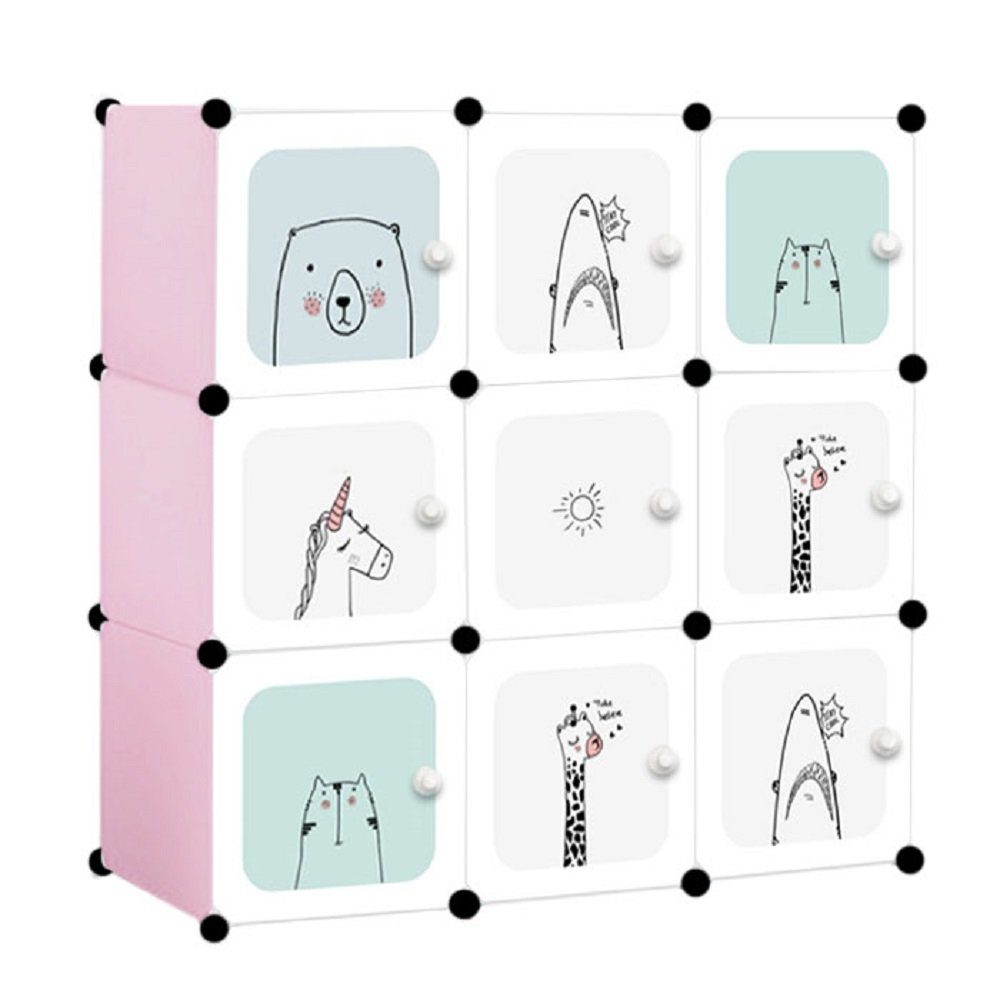 Kids Collective Kinderkleiderschrank Modularer Schrank für Kinder, 9 Türen mit Märchendruck, Kombischrank -Steckregal, 3 kg Kammerkapazität, Polypropylenplatten in rosa
