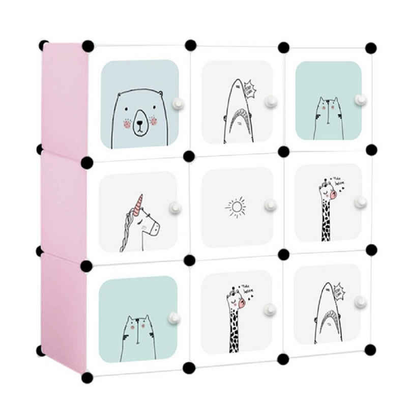 Kids Collective Kinderkleiderschrank Modularer Schrank für Kinder, 9 Türen mit Märchendruck, Kombischrank -Steckregal, 3 kg Kammerkapazität, Polypropylenplatten, in pink