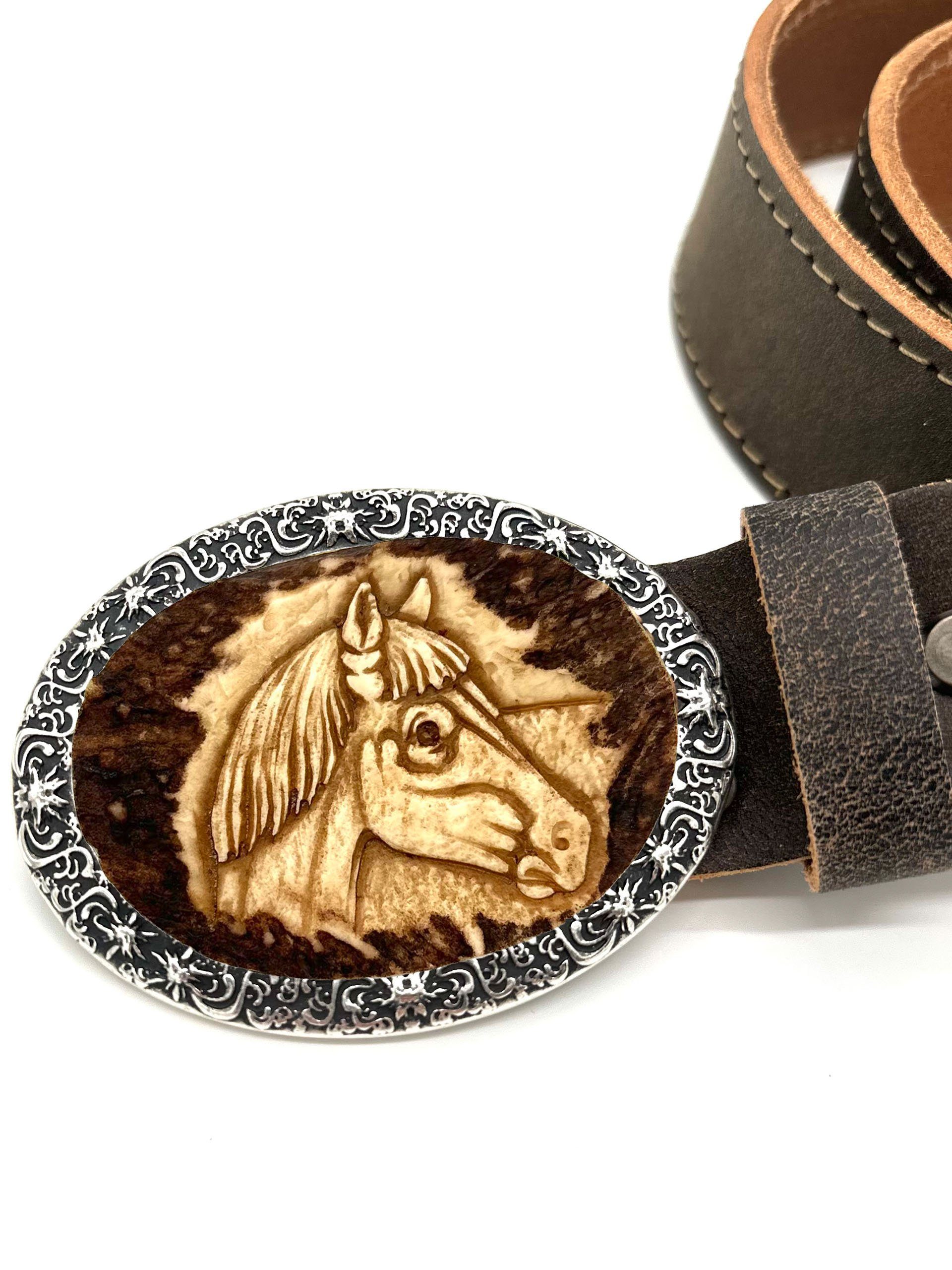 Almbock Ledergürtel Gürtel mit aus Rindsleder handgeschnitztem (antik-braun) 100% Pferdmotiv