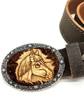 Almbock Ledergürtel Gürtel mit handgeschnitztem Pferdmotiv (antik-braun) aus 100% Rindsleder